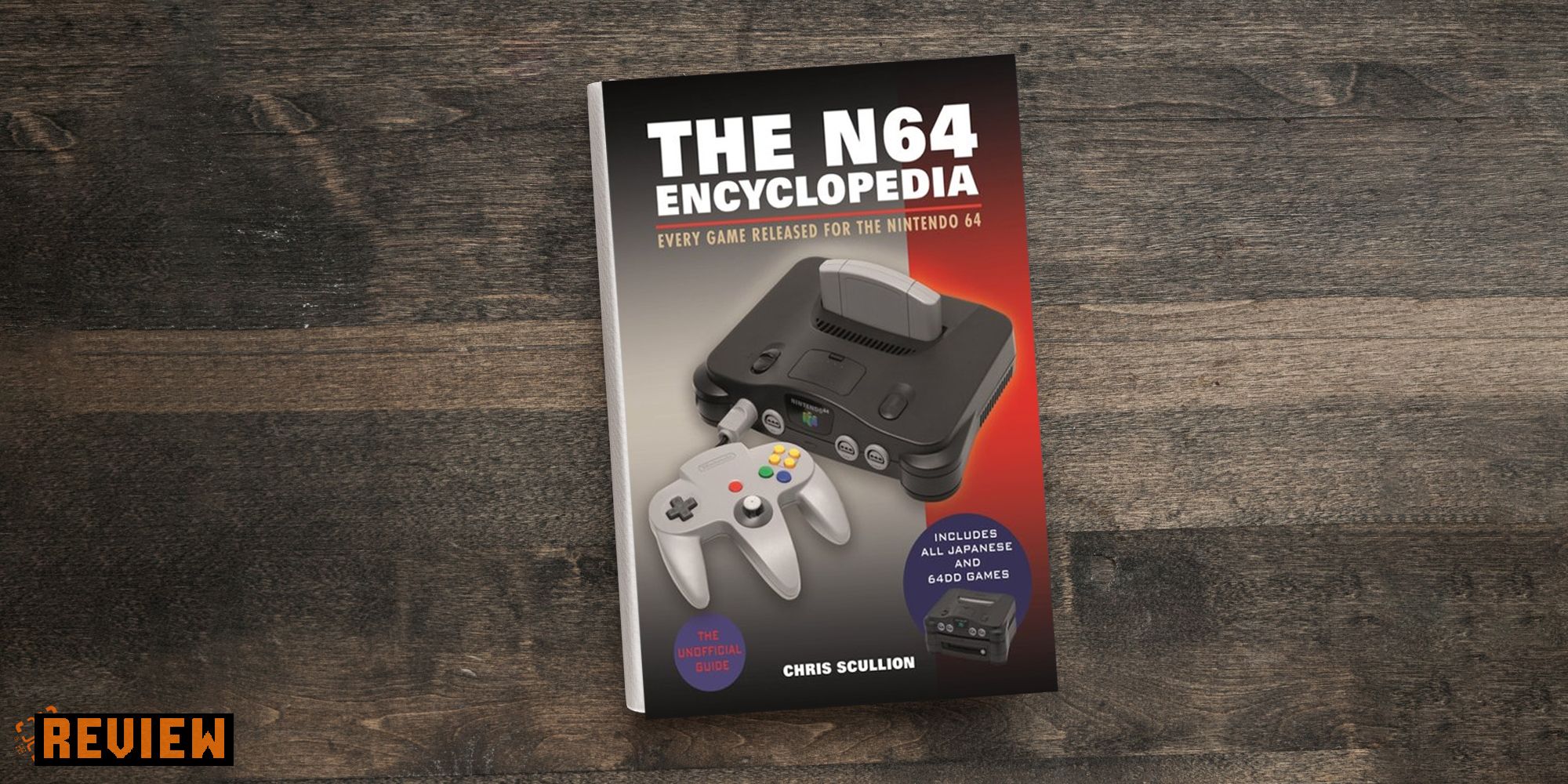 The N64 Encyclopedia cover against a gray wood panel background