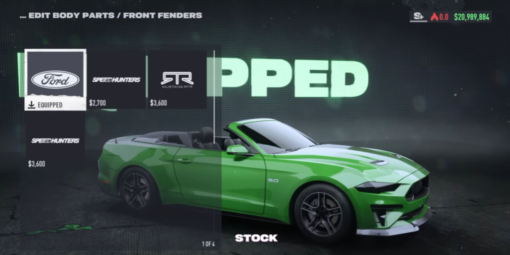 Need For Speed Unbound: Screenshot of the menu process for buying a green convertible Ford Mustang
