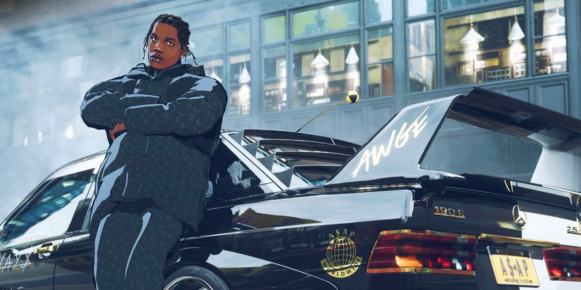 Need For Speed Unbound: ASAP Rocky leans on a black Mercedes.