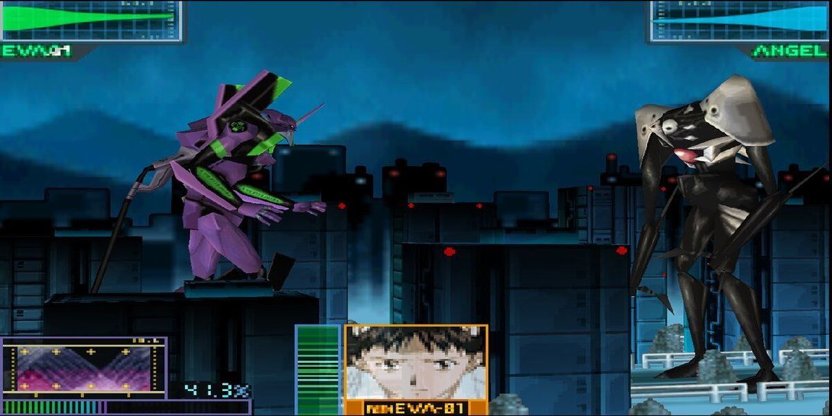 The EVA 01 moving toward an Angel while using an assault rifle.