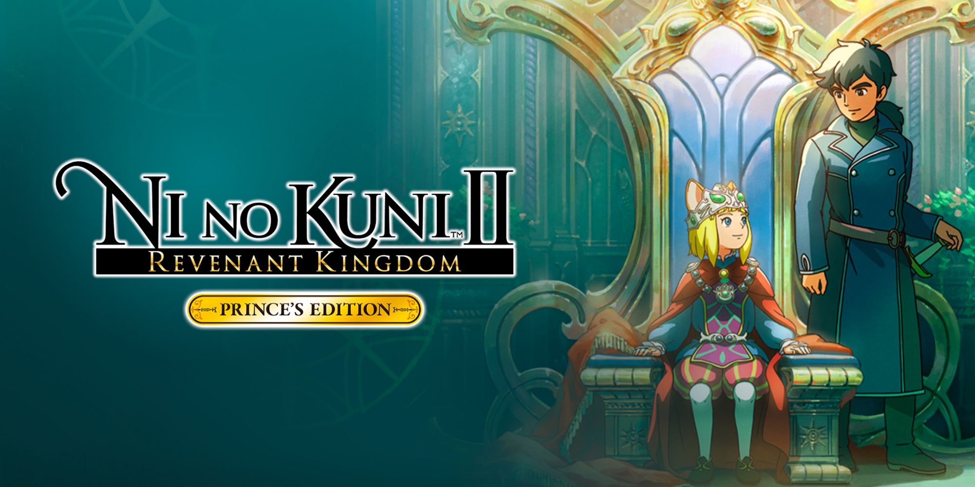 Ni No Kuni 2 Revenant Kingdom official artwork showing Evan sat on the throne next to Roland.