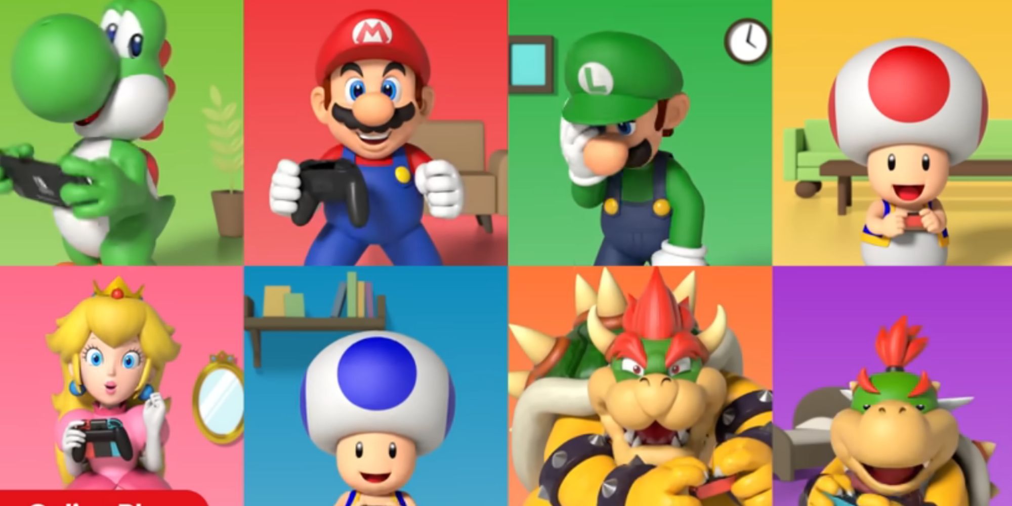 Yoshi, Mario, Luigi, Toad, Peach, Bowser, and Bowser Jr. play Switch together