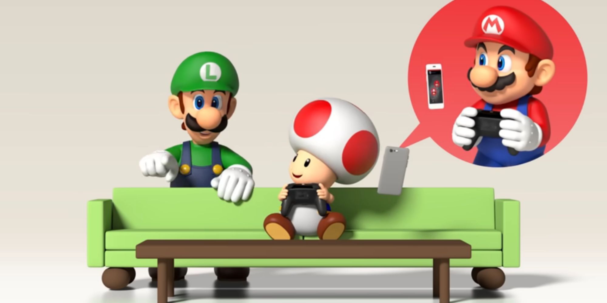 Toad plays Switch with Mario online while Luigi observes from behind a couch