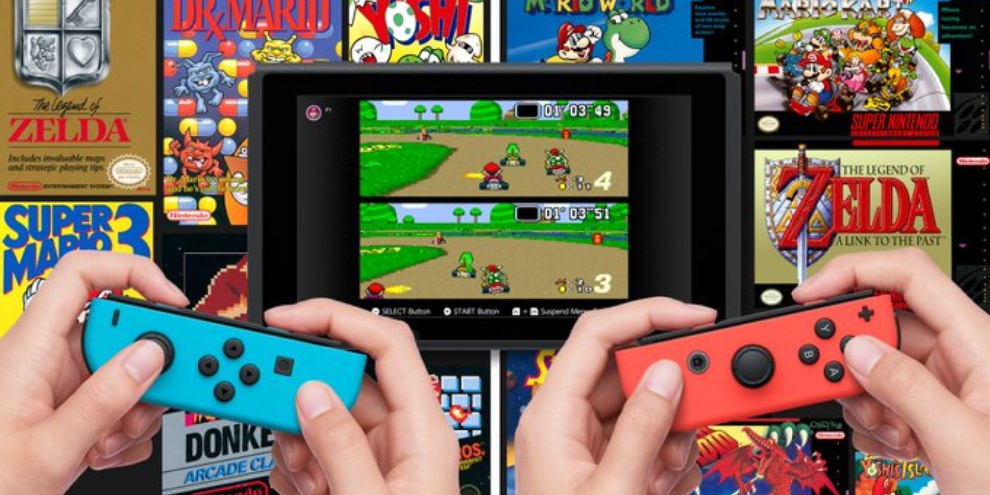 Two hands hold Joy-Cons while playing Super Mario Kart on Nintendo Switch Online