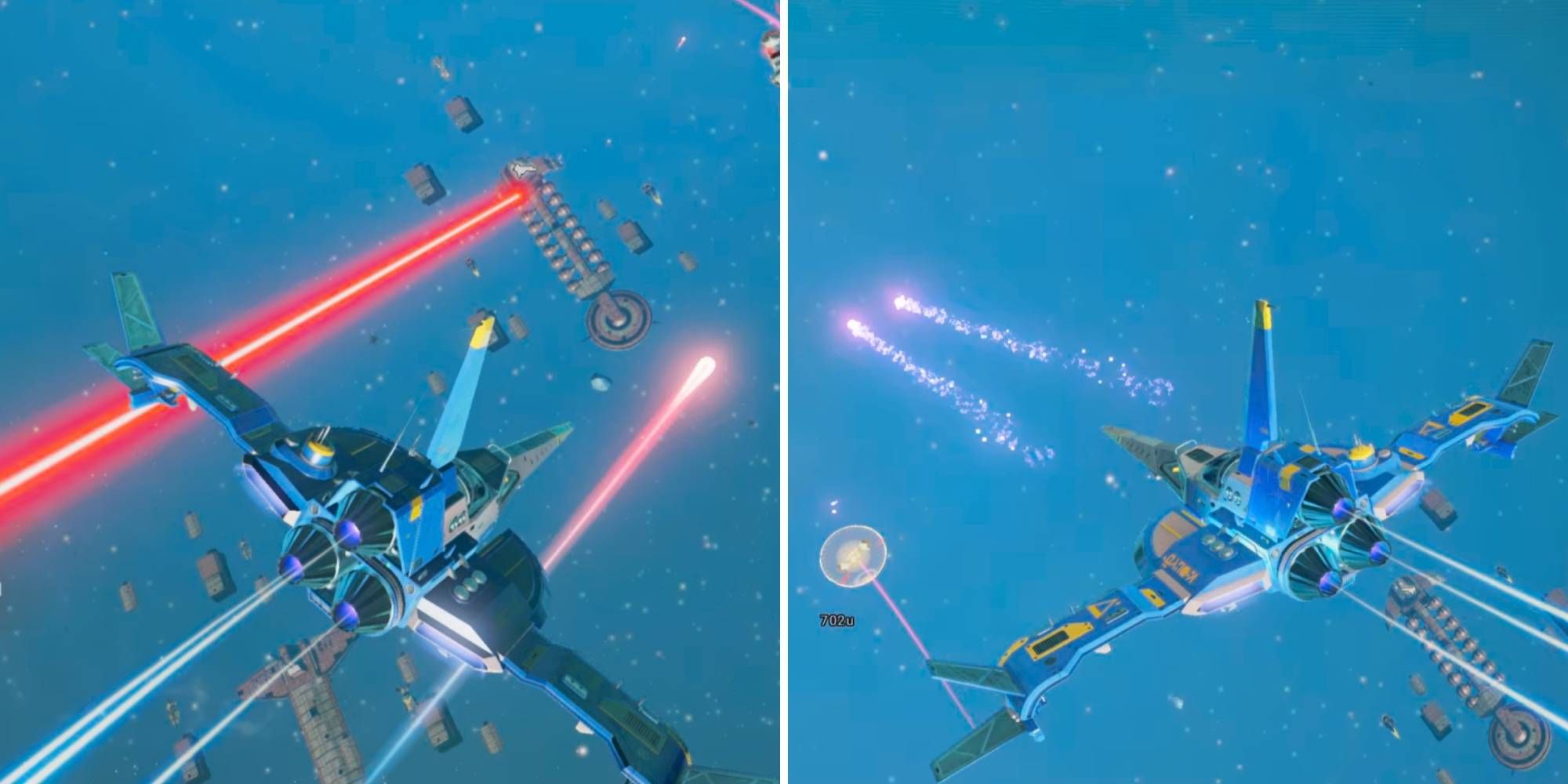 No Man's Sky starships firing the Infra-Knife Accelerator and the Cyclotron Ballista