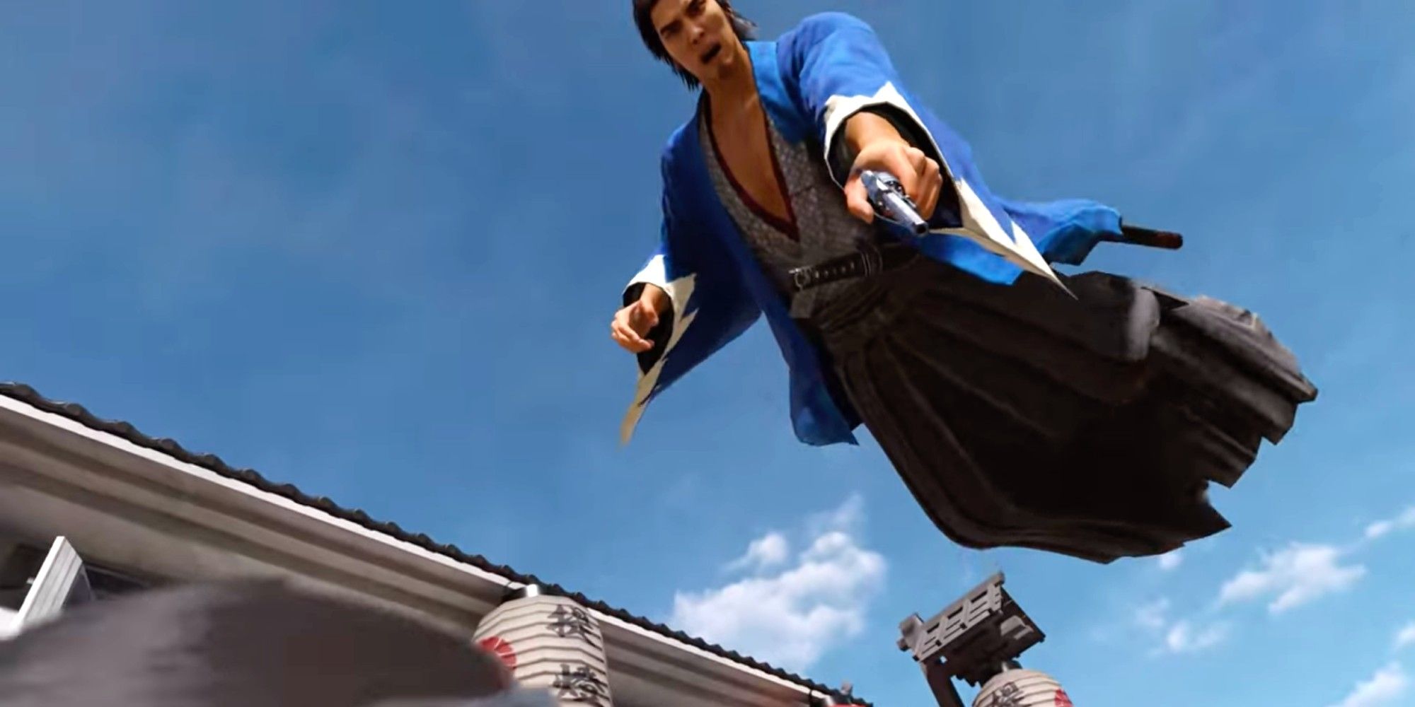 Ryoma leaps into the air and aims down his gun below
