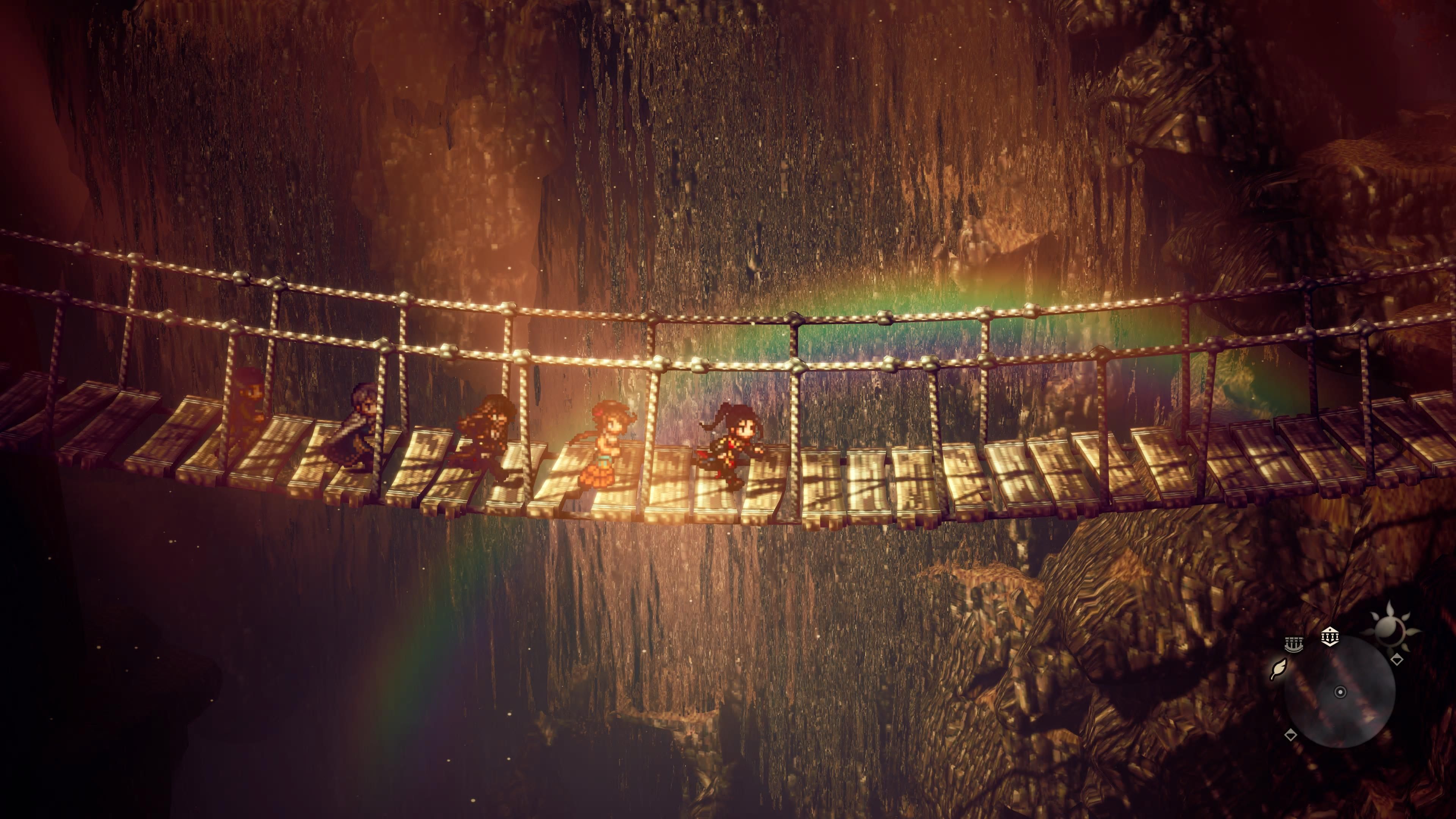 Octopath Traveler 2 Crossing A Bridge With Rainbow