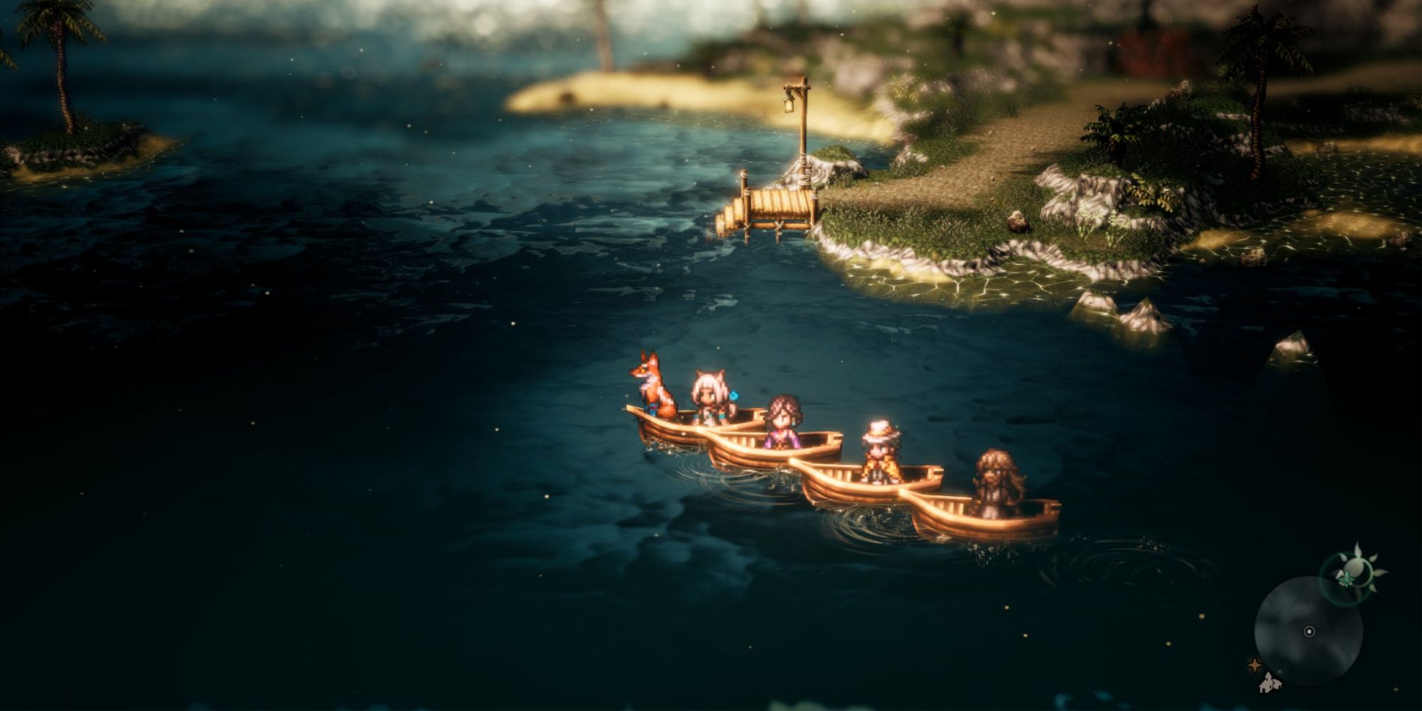 Octopath Traveler 2 — Очетта и группа плывут к Пещере Морского Бога.