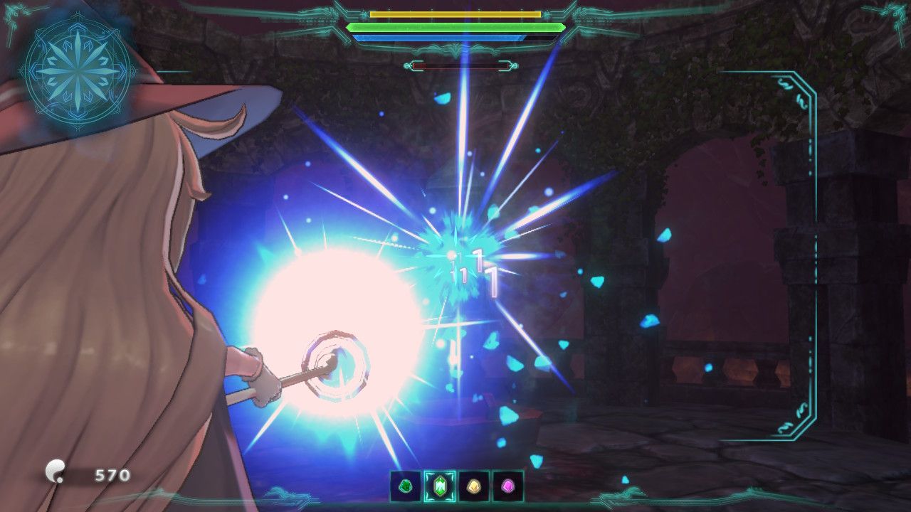Nobeta shoots ice attacks at an enemy in Little Witch Nobeta.