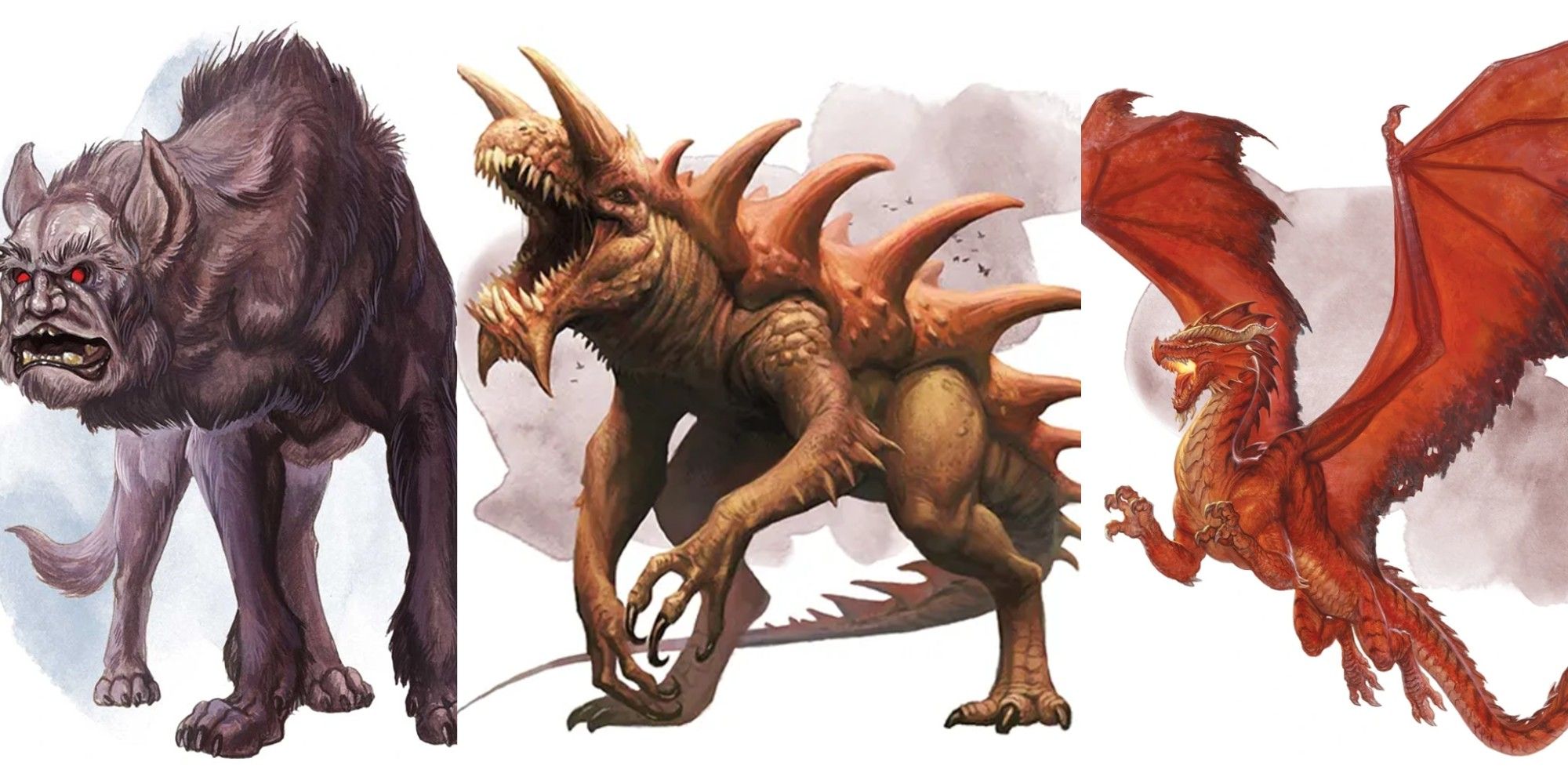 Split image screenshots of Yeth Hound, The Tarrasque, and Dragon D&D art.