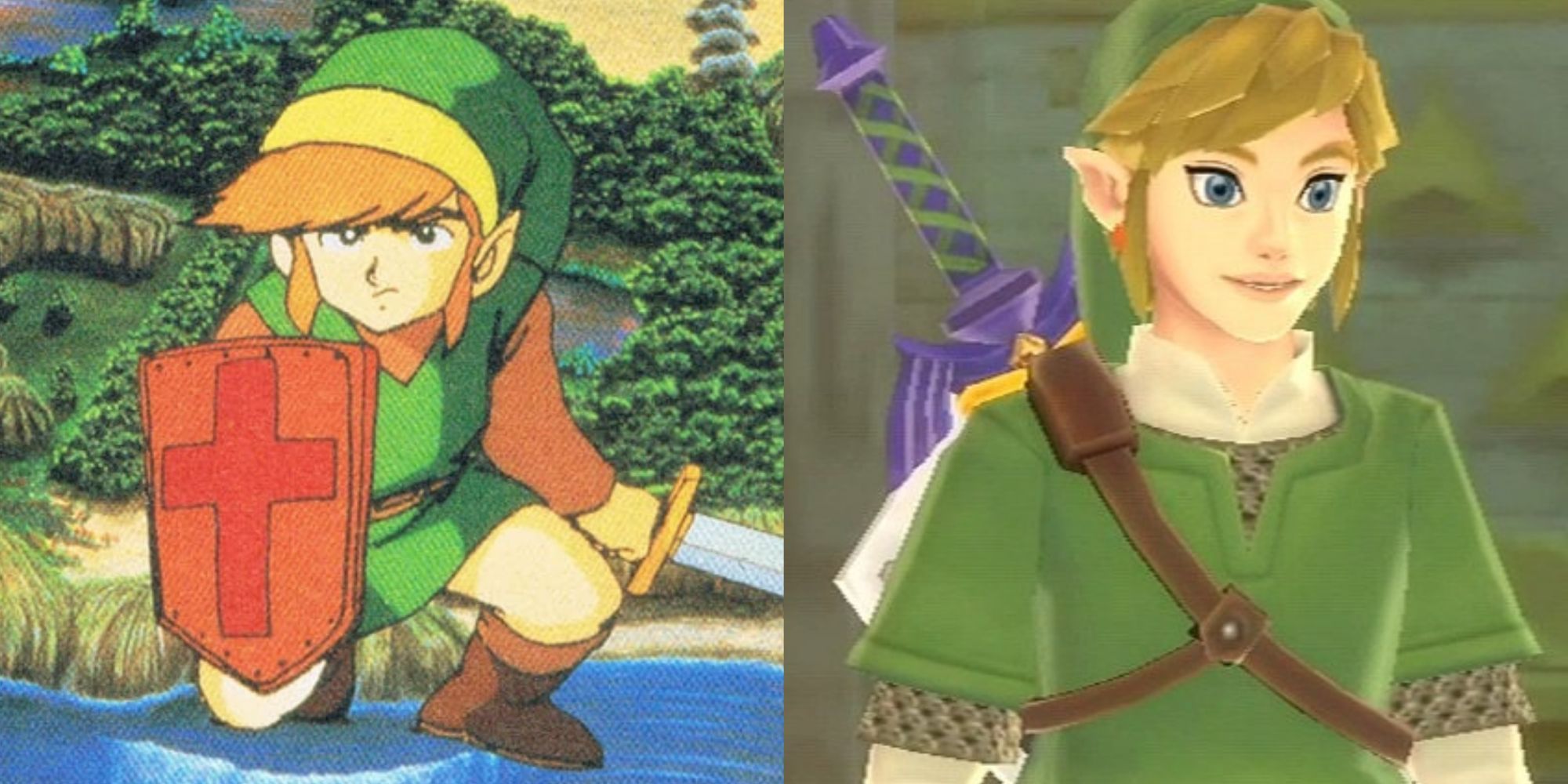 Split image screenshots of Link in the original The Legend of Zelda concept artwork and Link smiling in Skyward Sword.