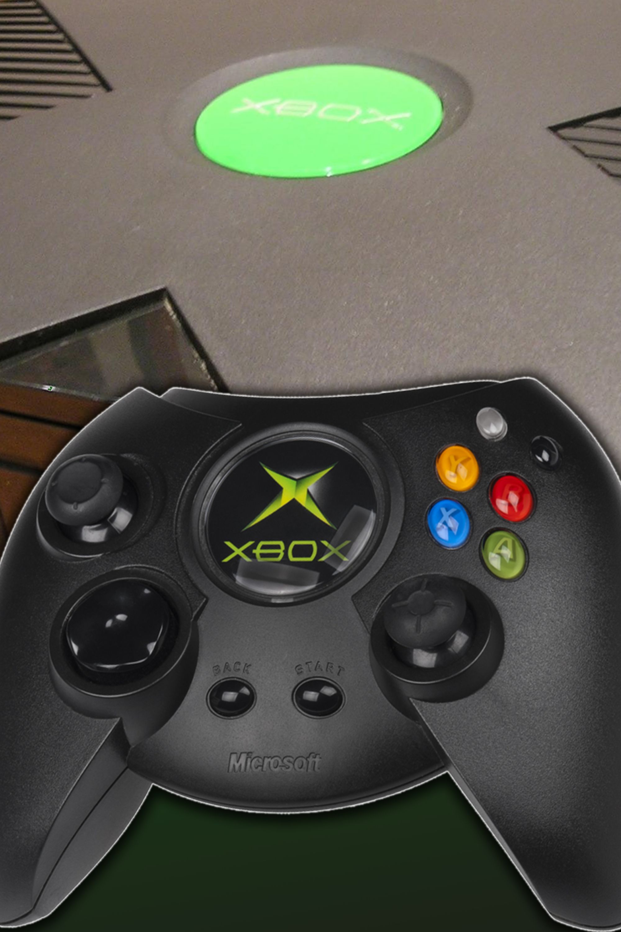 Close up of the original Xbox controller and console