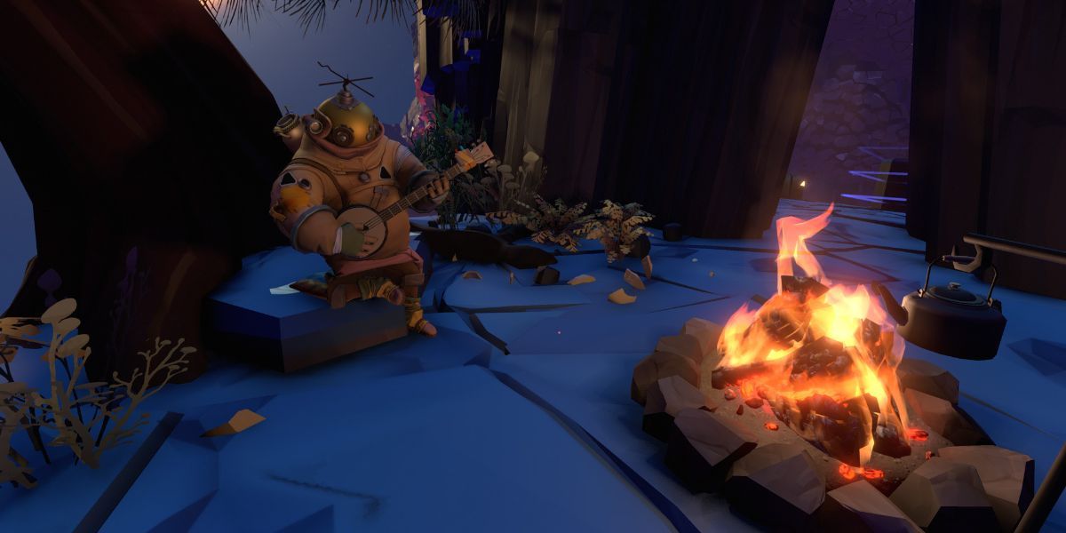 Outerwilds screenshot of a character playing a banjo by a campfire