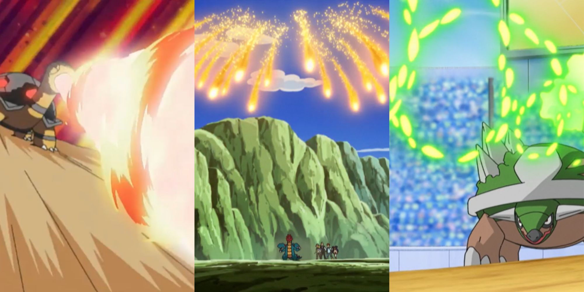 overheating of torcoal;  draddygon-draco meteor;  torterra leaf storm;  pokemon anime