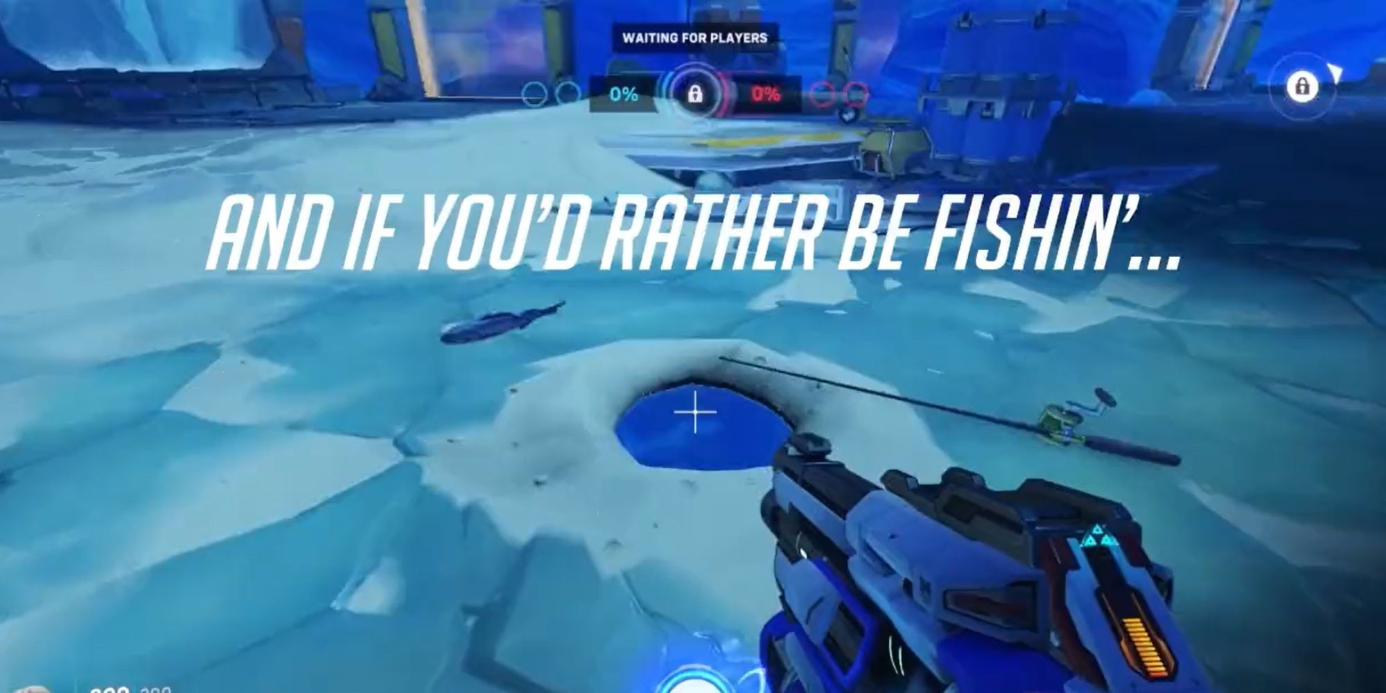 An Overwatch 2 player playing as Soldier 76 is standing over an ice fishing hole. The text reads 