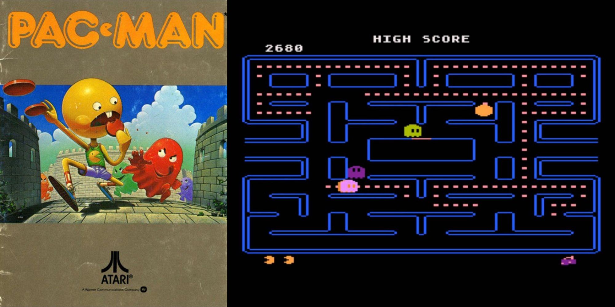 Pac-Man Atari 800 cover art and a screenshot of the game.