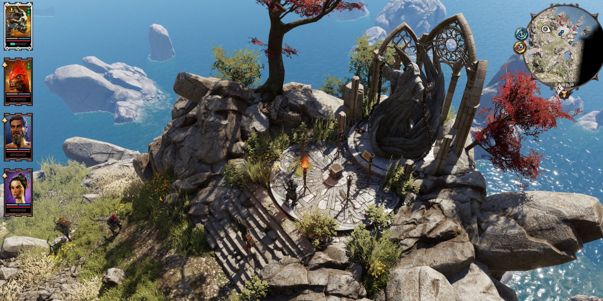 Party near a shrine on top of a cliff facing the sea in Divinity Original Sin 2
