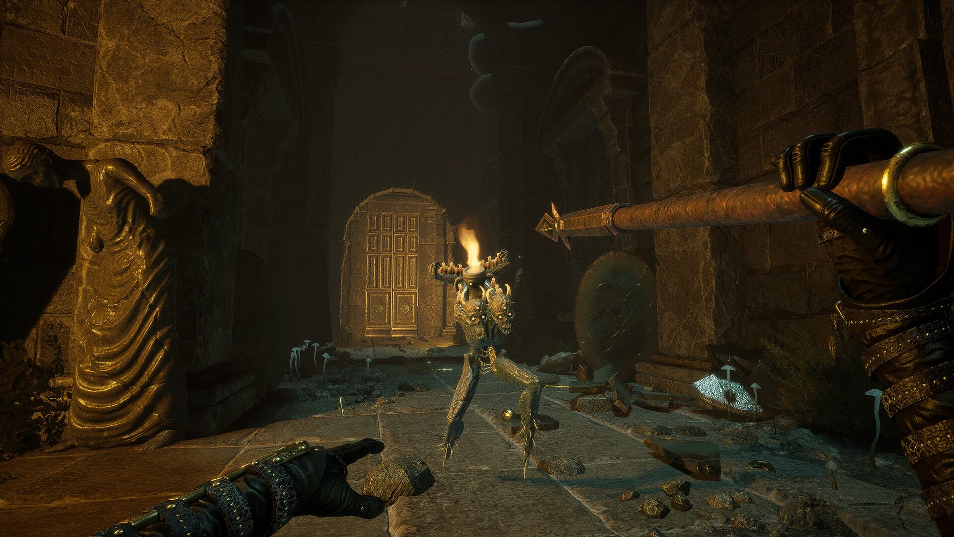 Player preparing to throw spear at two-headed enemy
