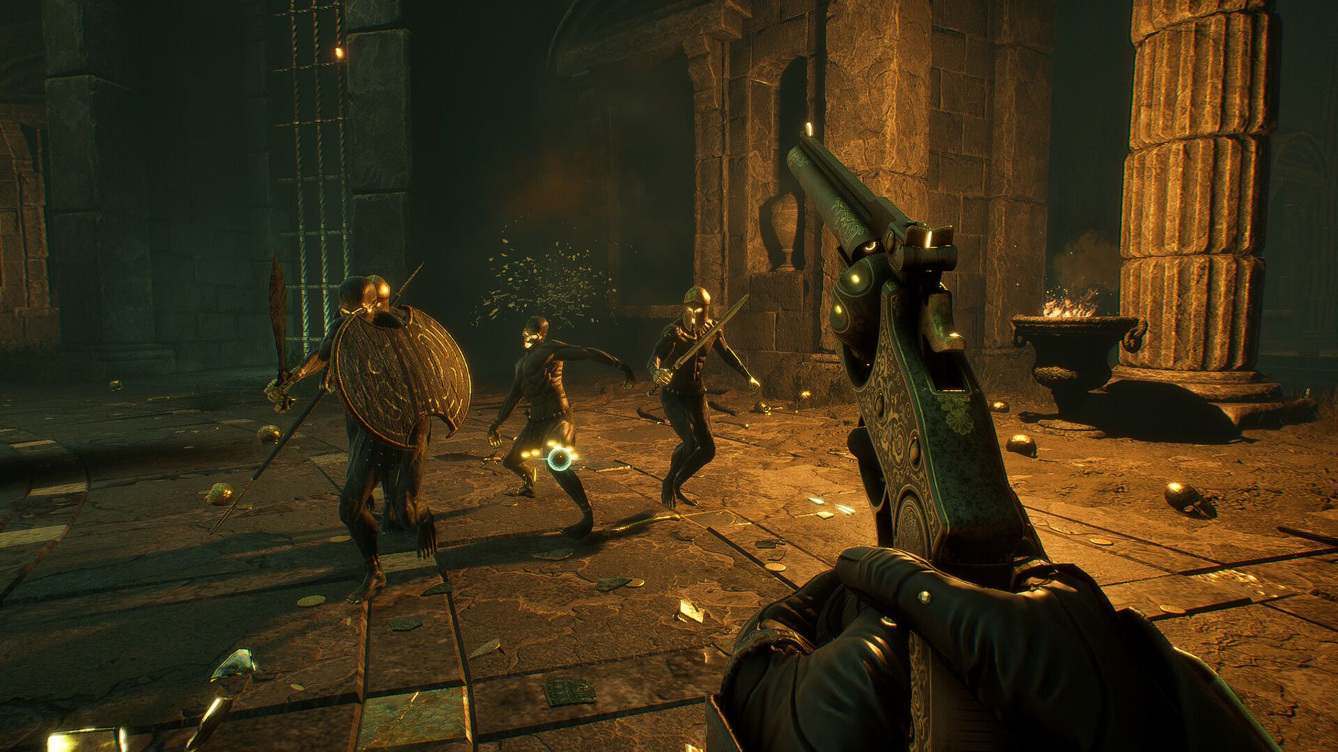 Player firing magnum at undead soldiers with swords and shields