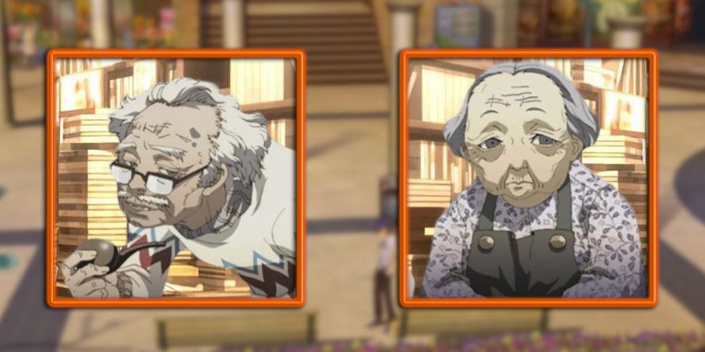 character profiles of bunkichi and mitsuko in front of blurred location image