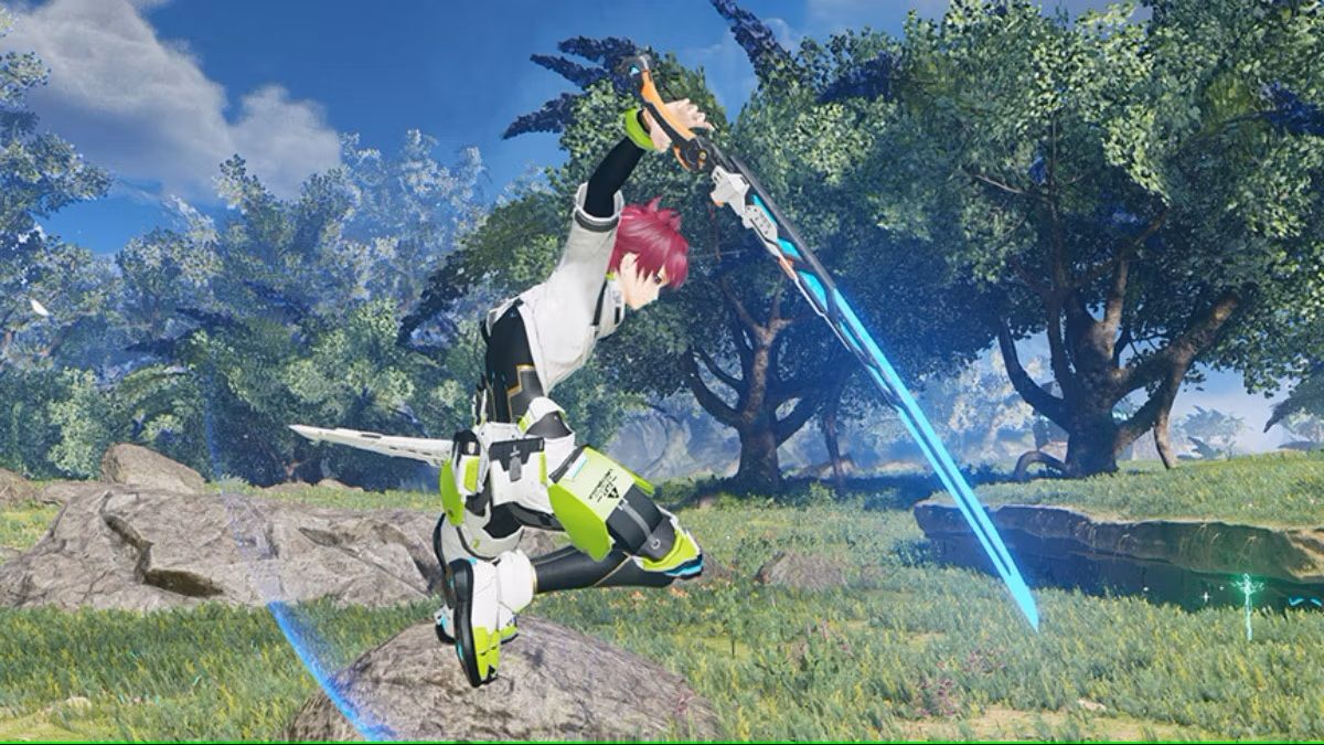 Character leaping through the air wielding a sword, in Phantasy Star Online 2 gameplay