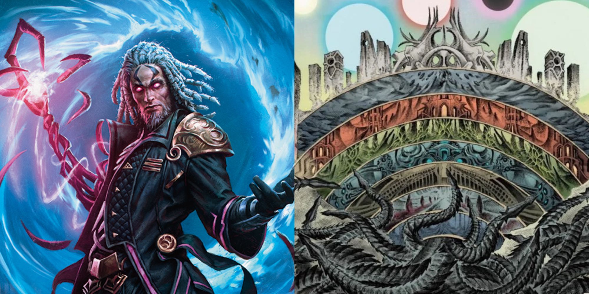 Phyrexia layers on a map and man with staff arm