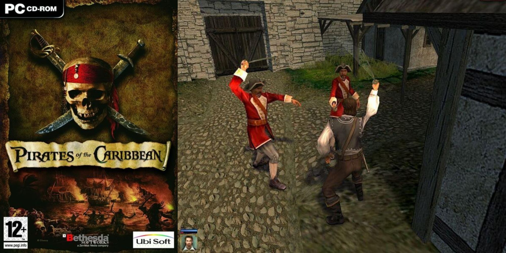 Pirates of the Caribbean 2003 video game cover and a screenshot of the game
