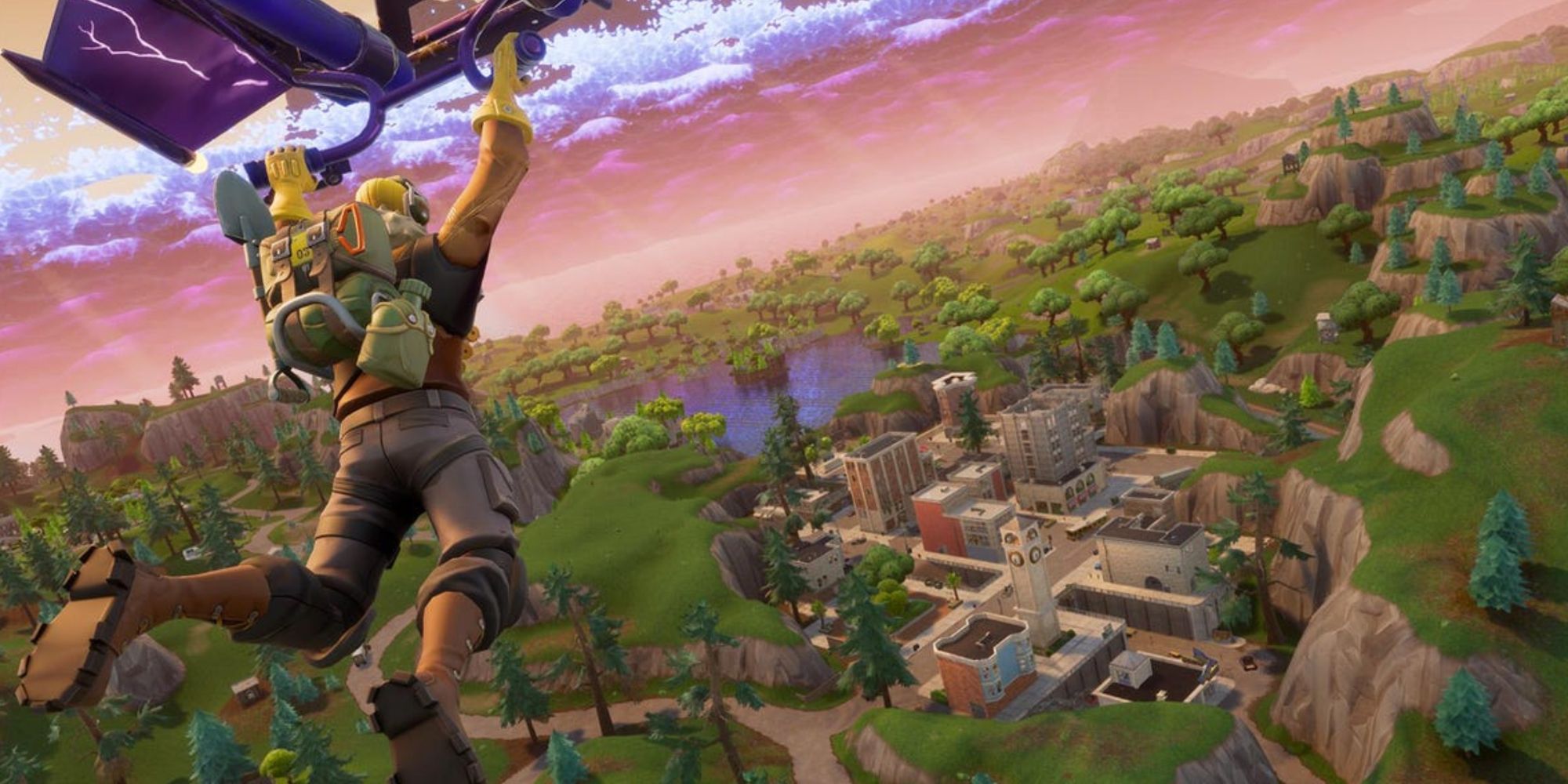 Player character gliding from above into the map in Fortnite Battle Royale