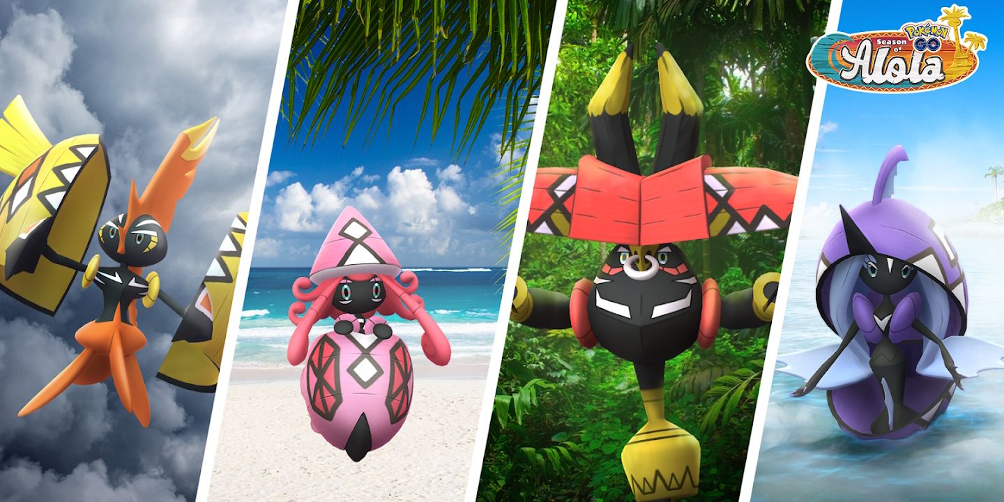 Split image of Tapu Koko, Tapu Lele, Tapu Bulu, and Tapu Fini from Pokemon