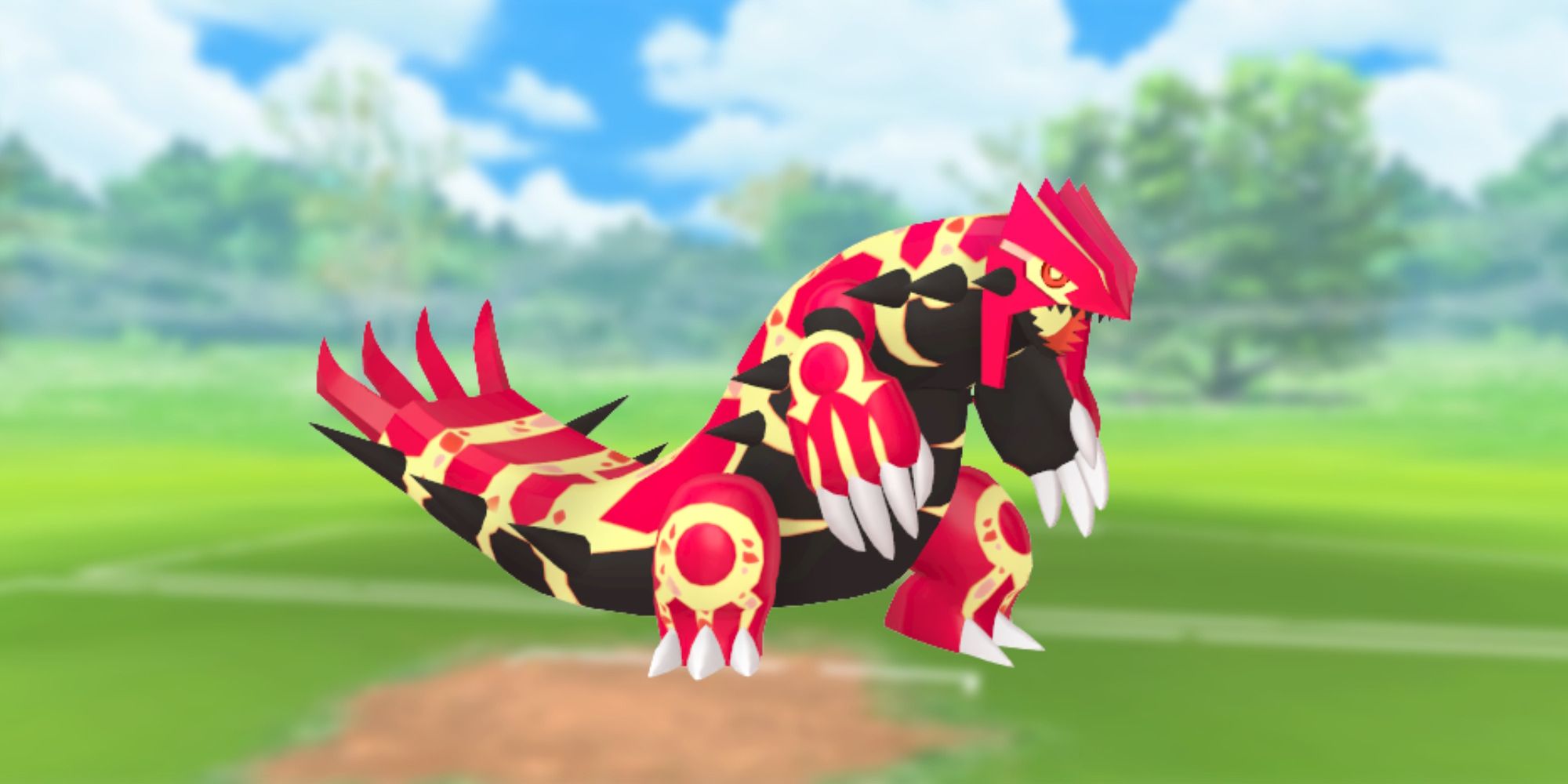 Image of Primal Groudon from Pokemon, with the Pokemon Go battlefield as the background