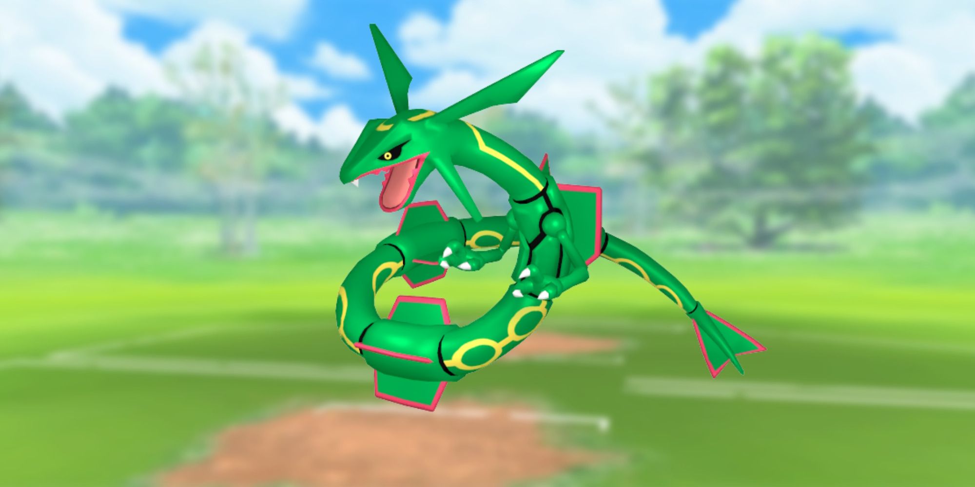 Rayquaza from Pokemon with the Pokemon Go battlefield as the background