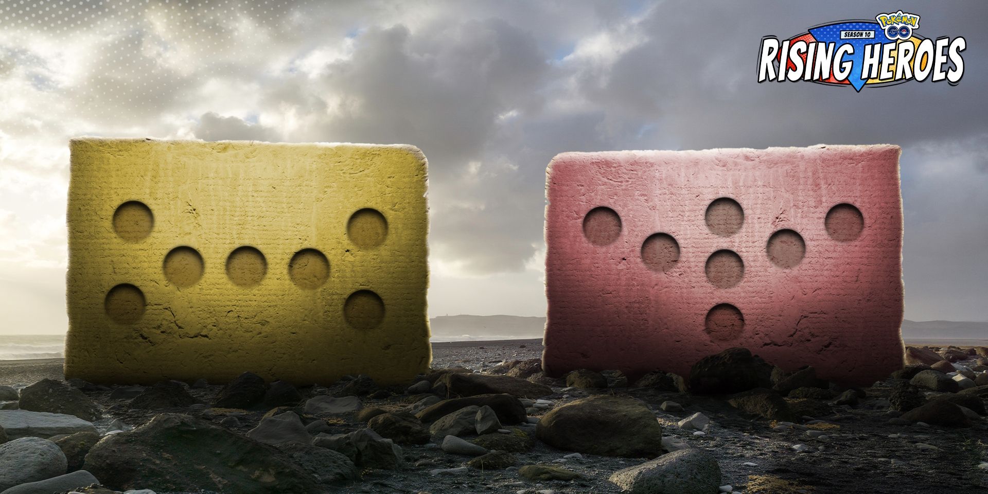 Two rectangular rocks, a yellow on with Regieleki's symbol and a red on with Regidrago's symbol