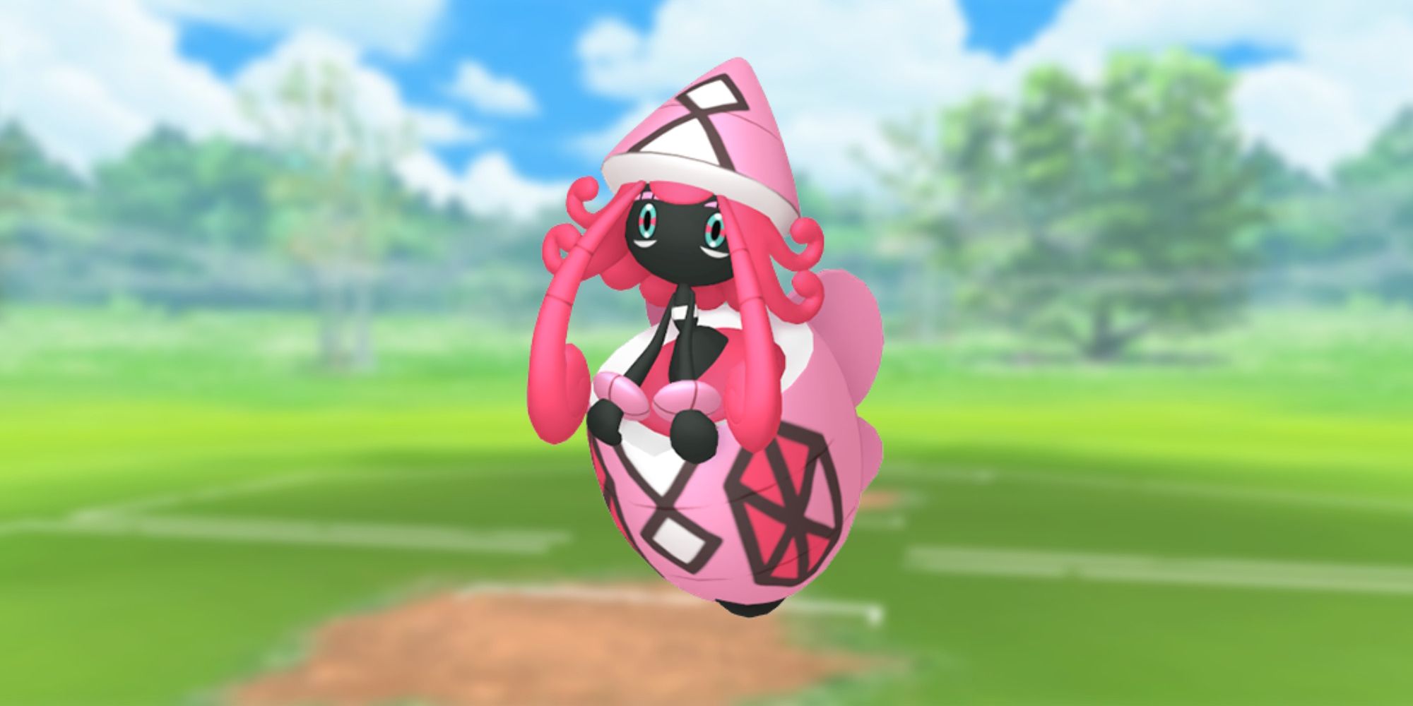 Tapu Lele from Pokemon with the Pokemon Go battlefield as the background