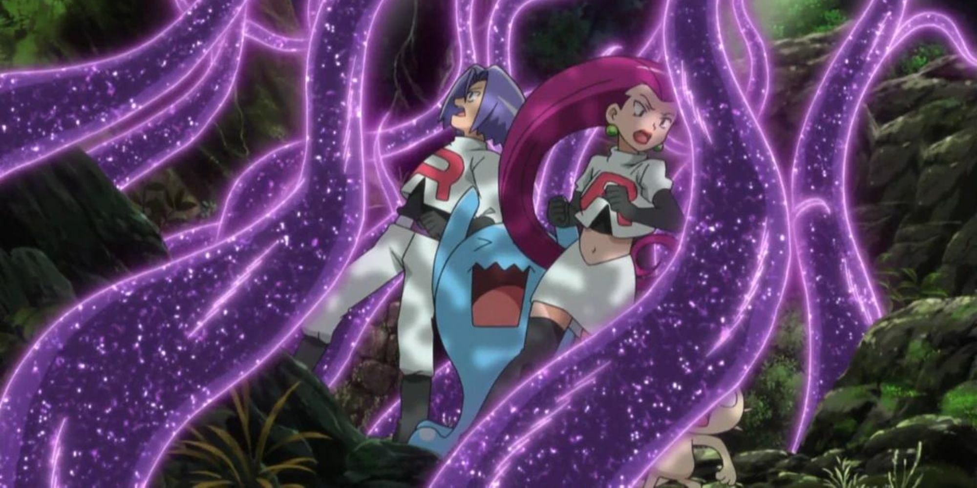 Trevenant uses Forests Curse on Team Rocket as they're surrounded by purple swirls