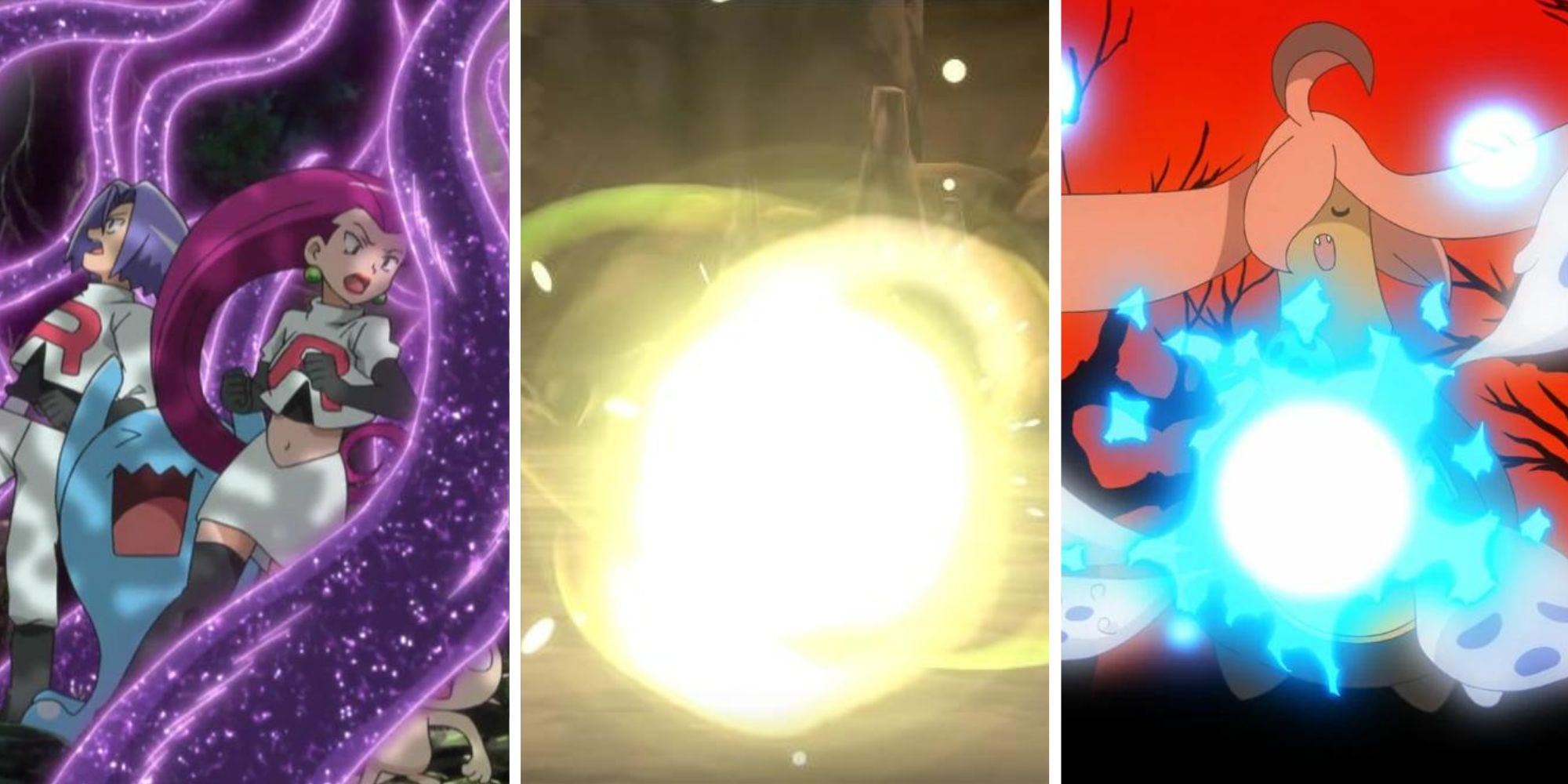 A split image of Team Rocket being attacked, the Transform Move and Gourgeist Pokemon using the trick-or-treat move