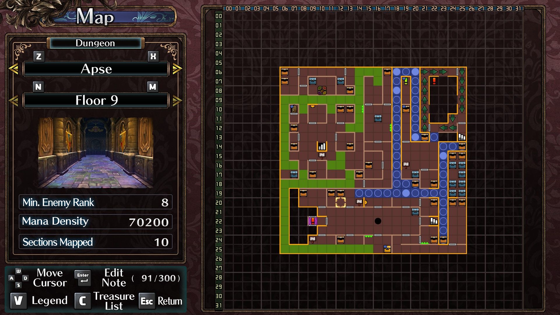 The ninth floor of Apse with various locations, including treasure chests, in Labyrinth Of Galleria: The Moon Society.
