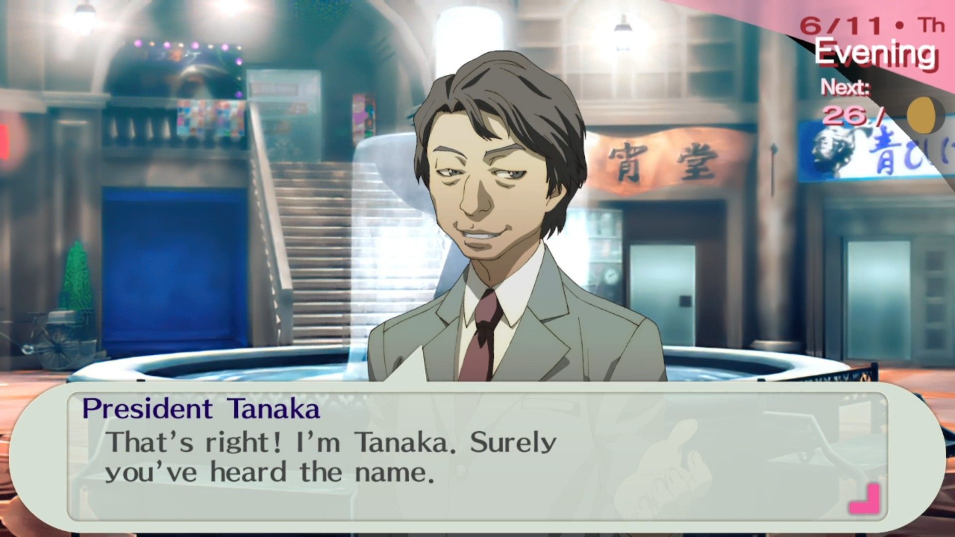 president tanaka smugly introducing himself to the protagonist