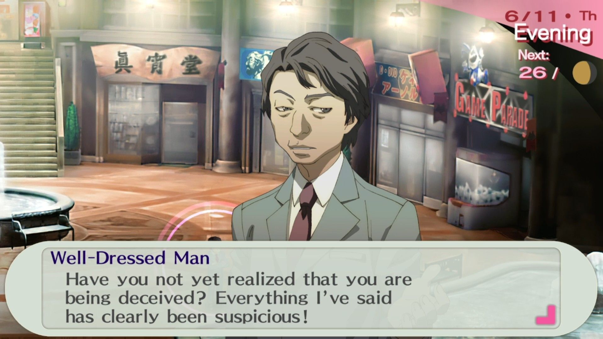 president tanaka upon introducing himself to the female protagonist after scamming her in persona 3 portable
