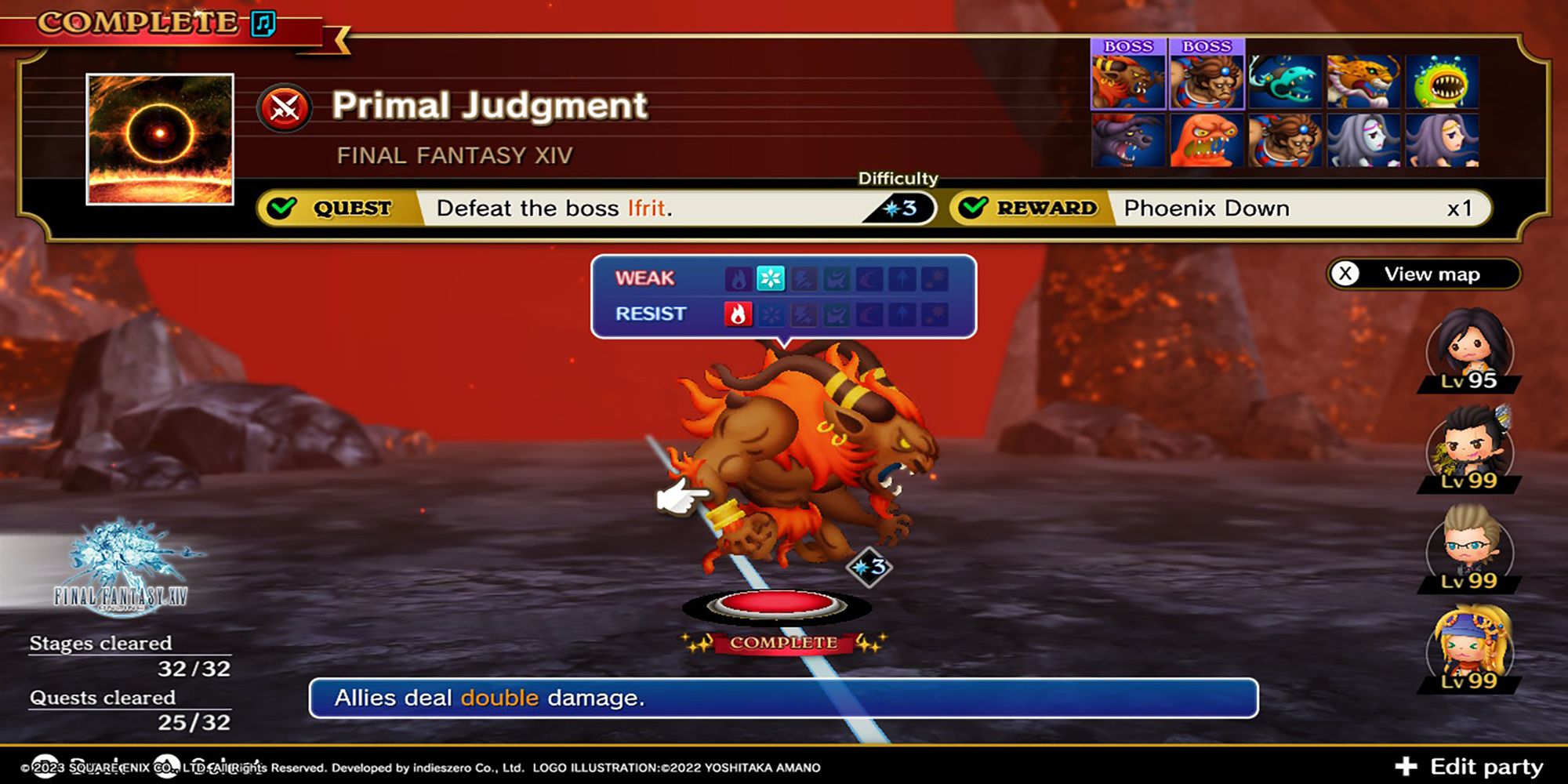 Ifrit stares down the player in a firey landscape on FF14's Primal Judgment Series Quest page in Theatrhythm: Final Bar Line.