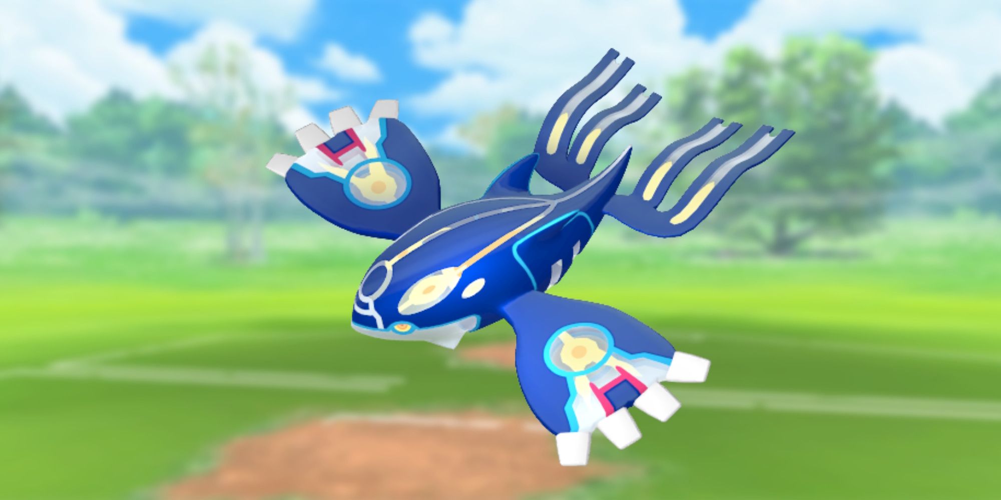 Primal Kyogre from Pokemon with the Pokemon Go battlefield as the background