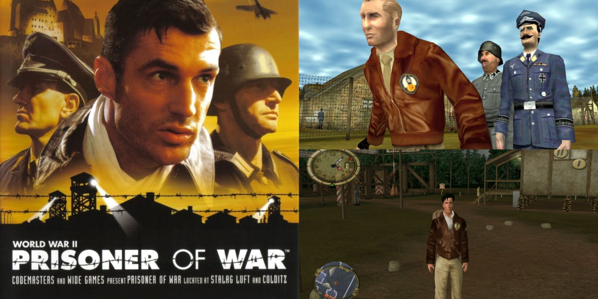Prisoner of War video game cover art alongside two screenshots of the game.