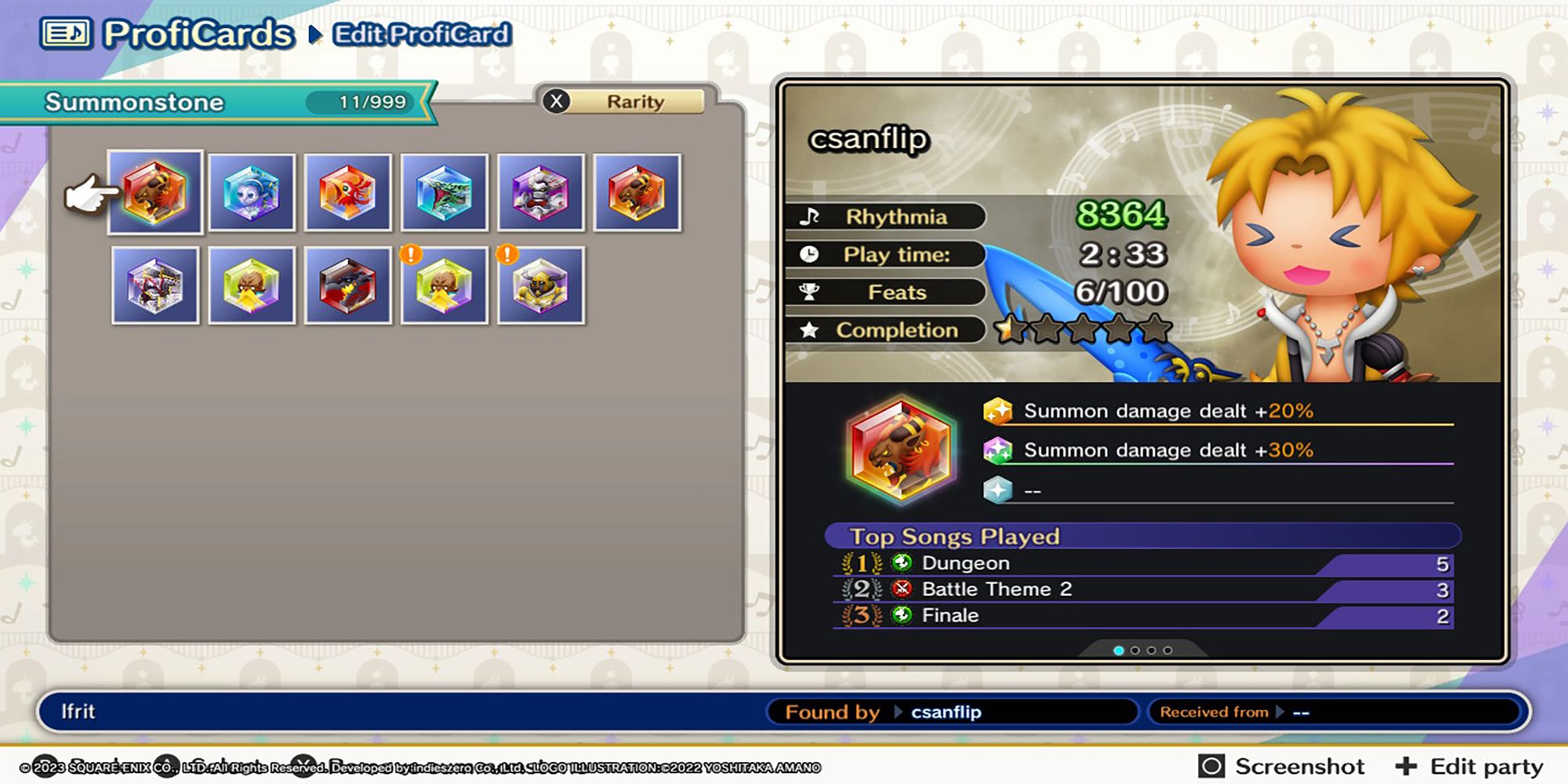 The summonstone section of the ProfiCard menu from Theatrhythm: Final Bar Line.
