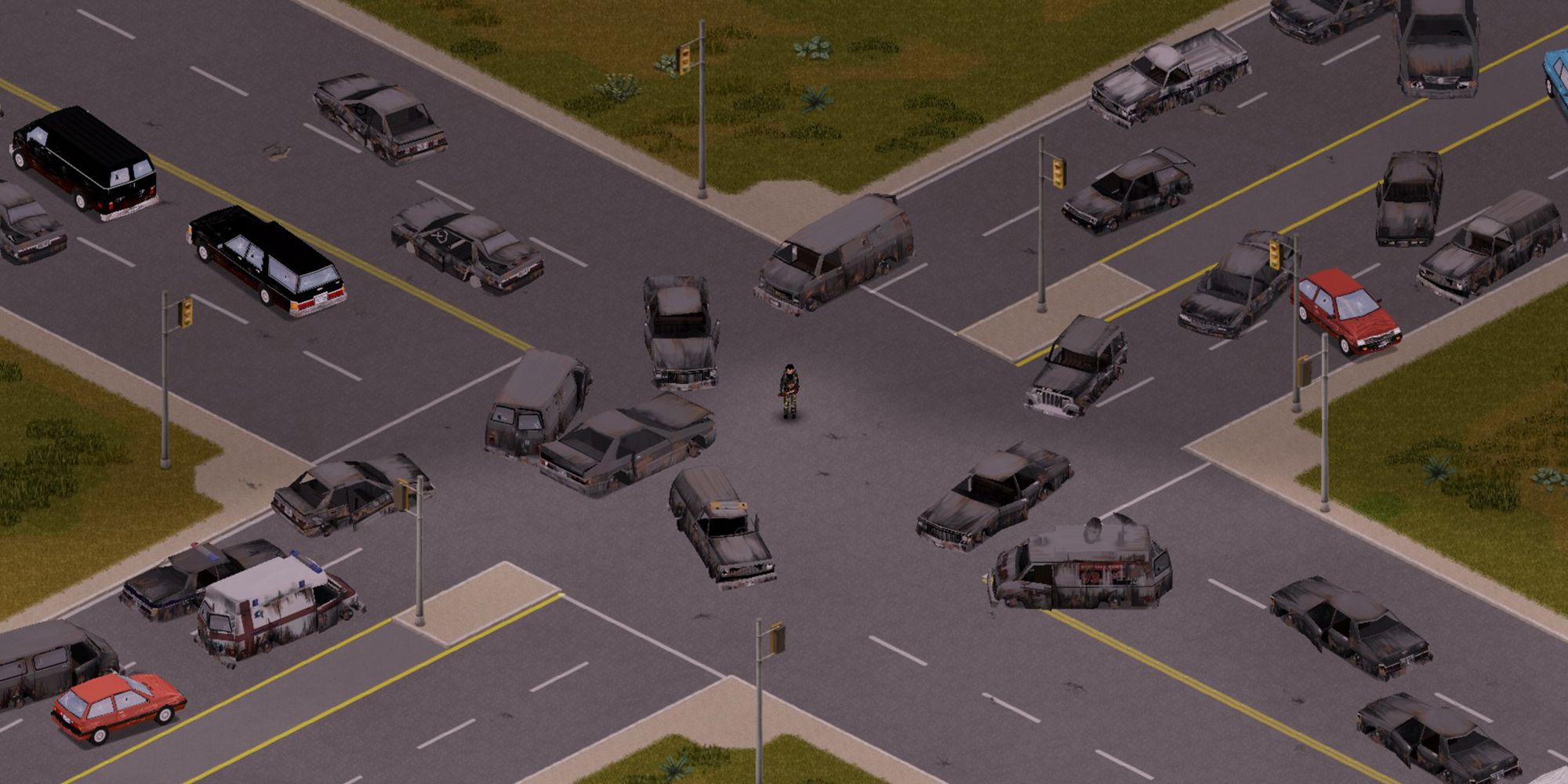 Project Zomboid A lone survivor in the middle of a crossroad with dozens of car wrecks
