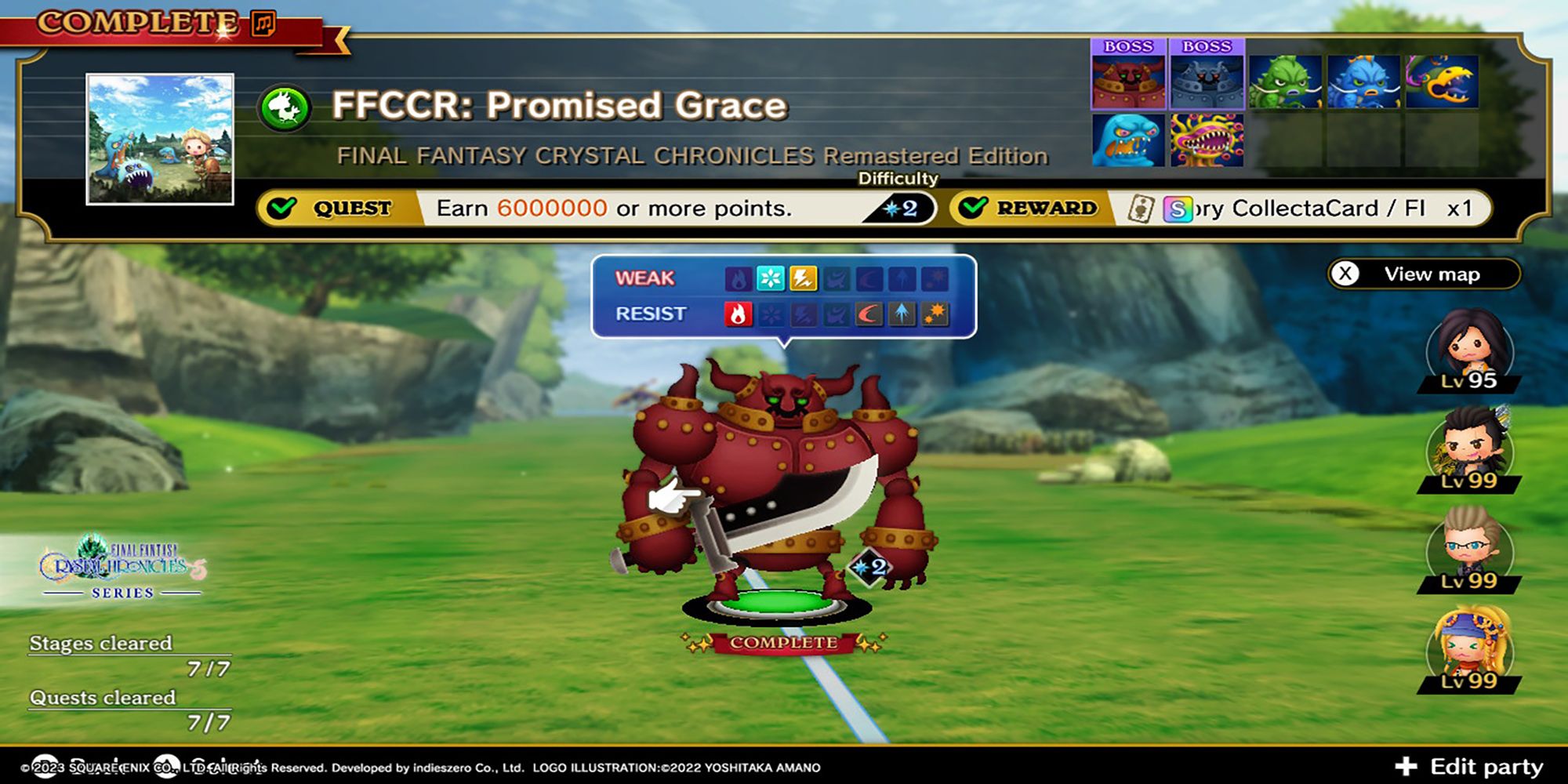 A gigantic enemy stares down the player in a green field on the FFCCR: Promised Grace Series Quest page in Theatrhythm: Final Bar Line.