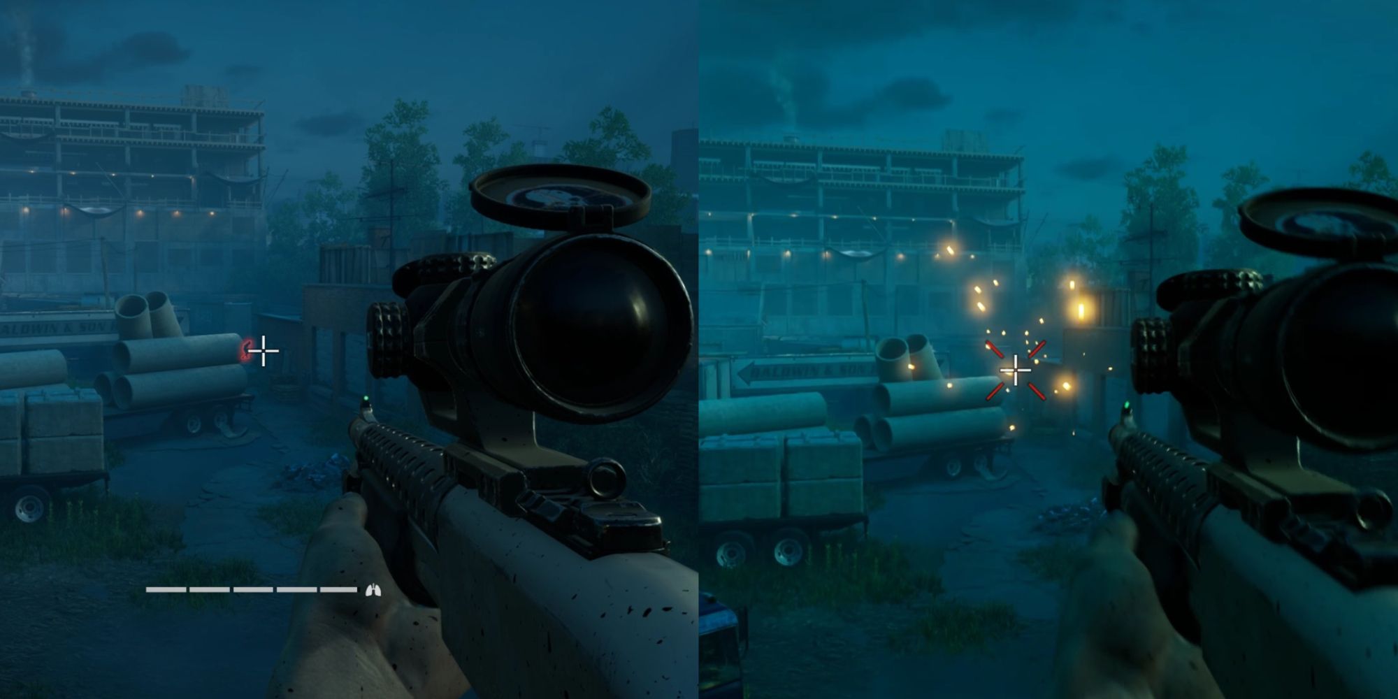 A distant Mutation sighted in red (left), the same Mutation being dispatch (indicated by red hit marker) on the right