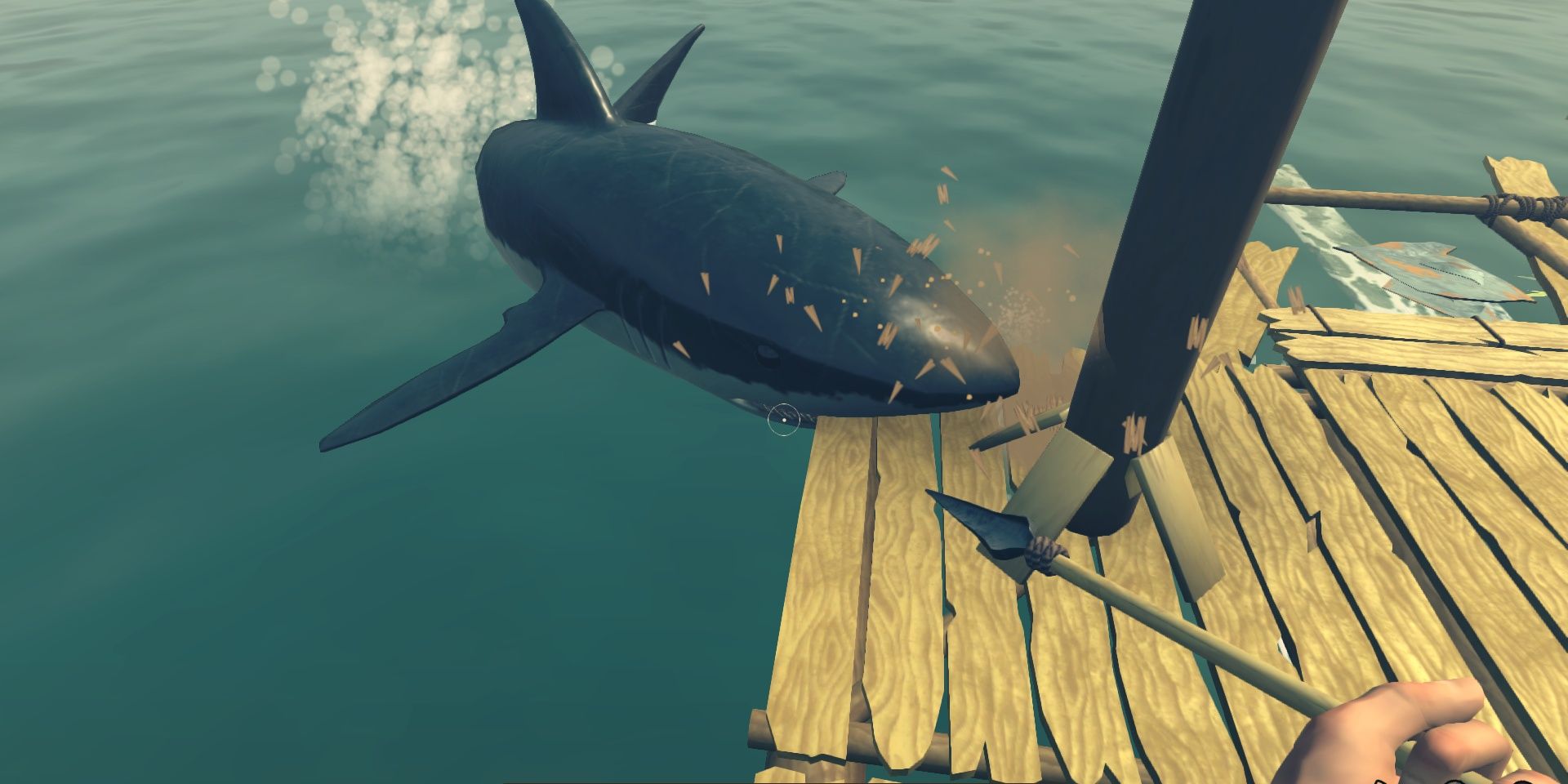 A shark biting into wood as the player points a spear at it in Raft