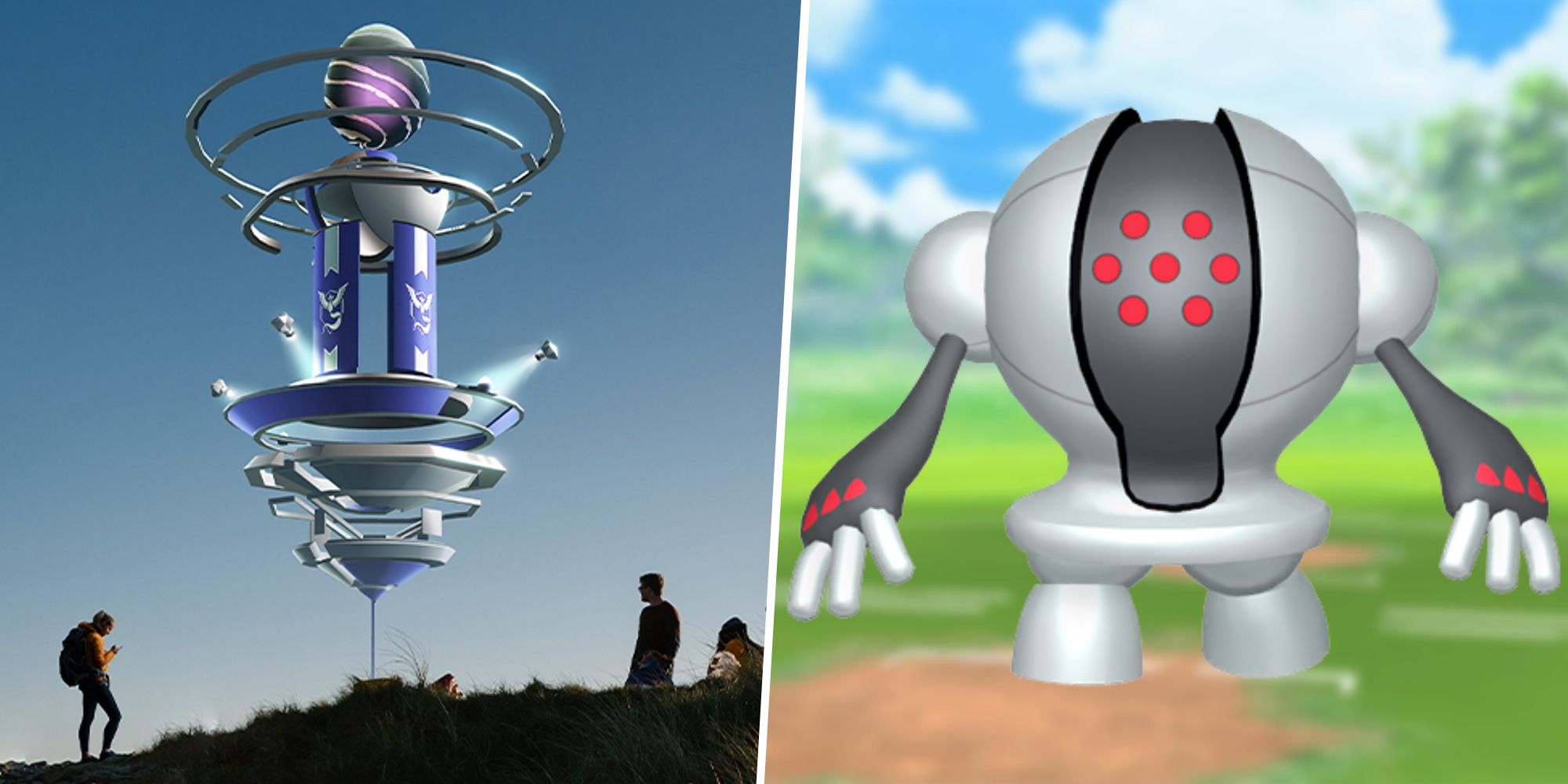 Image of people around a Pokemon Go Raid split with an image of Registeel from Pokemon