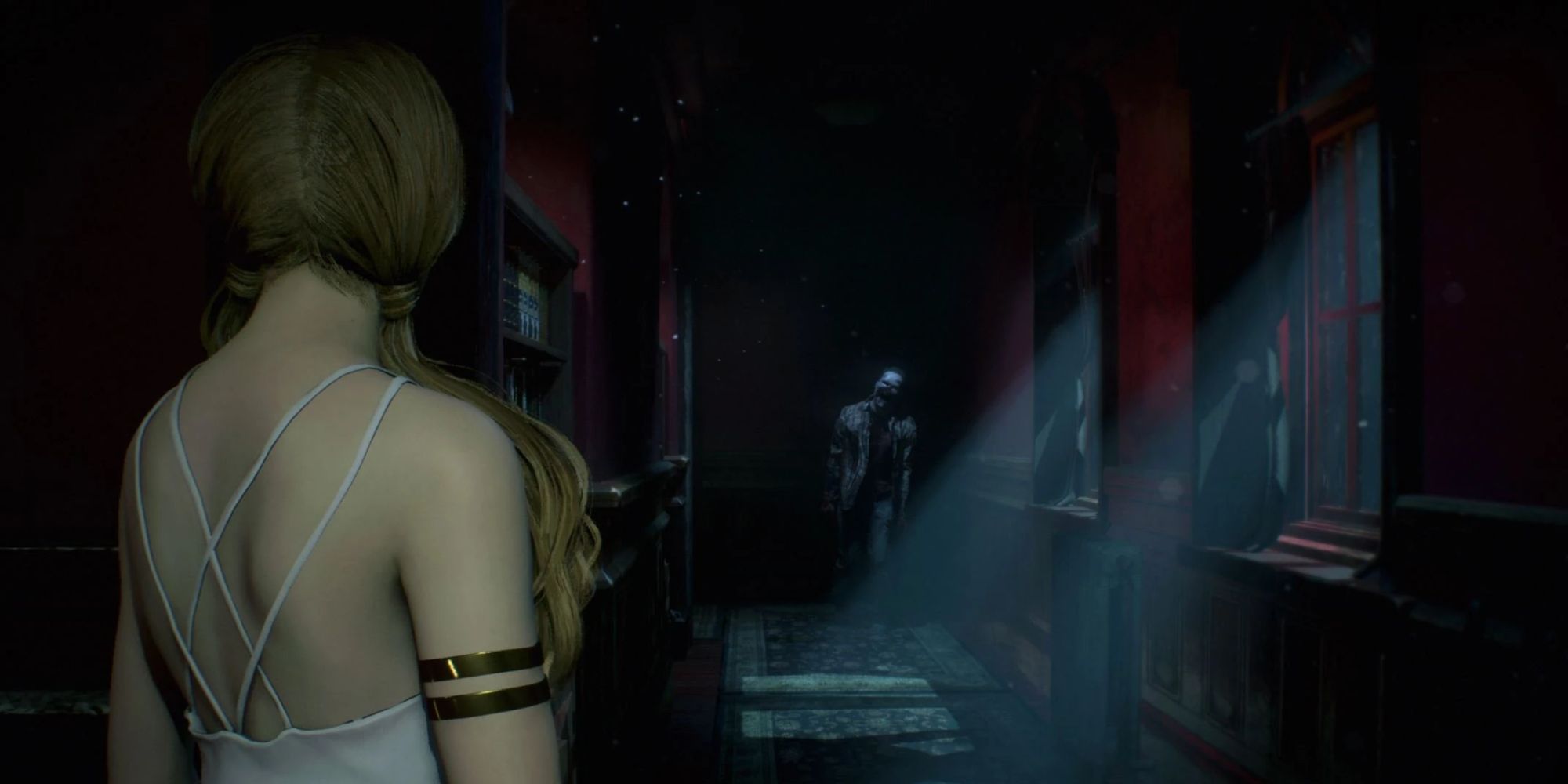 Resident Evil 2 Скриншот игрового процесса Ghost Survivors с участием Кэтрин, смотрящей на зомби