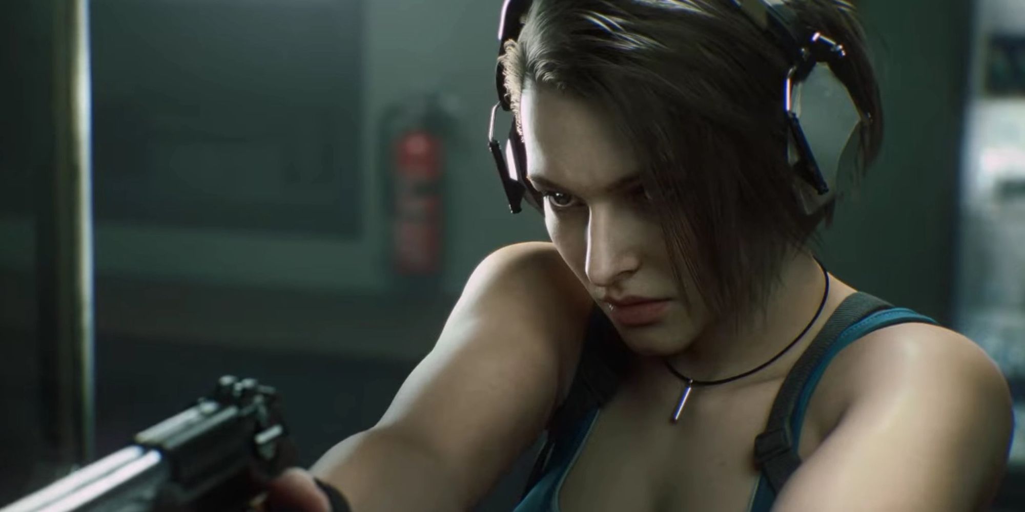 Resident Evil Death Island Jill Valentine at a shooting range with headphones on, pointing a pistol past the camera