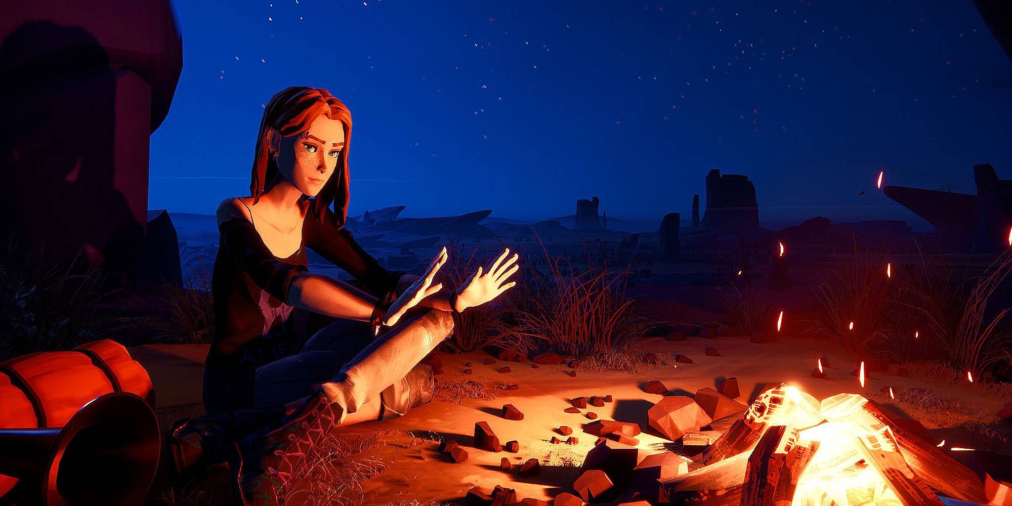 A woman sits by a campfire in Road 96